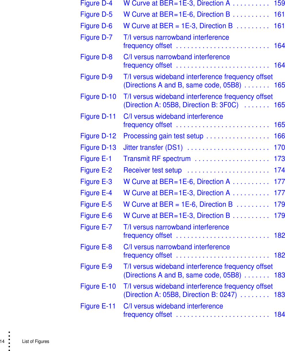 14   List of Figures• • • •••Figure D-4 W Curve at BER = 1E-3, Direction A . . . . . . . . . .   159Figure D-5 W Curve at BER = 1E-6, Direction B . . . . . . . . . .   161Figure D-6 W Curve at BER = 1E-3, Direction B  . . . . . . . . .   161Figure D-7 T/I versus narrowband interference frequency offset  . . . . . . . . . . . . . . . . . . . . . . . . .   164Figure D-8 C/I versus narrowband interference frequency offset  . . . . . . . . . . . . . . . . . . . . . . . . .   164Figure D-9 T/I versus wideband interference frequency offset (Directions A and B, same code, 05B8)  . . . . . . .   165Figure D-10 T/I versus wideband interference frequency offset (Direction A: 05B8, Direction B: 3F0C)   . . . . . . .   165Figure D-11 C/I versus wideband interference frequency offset  . . . . . . . . . . . . . . . . . . . . . . . . .   165Figure D-12 Processing gain test setup  . . . . . . . . . . . . . . . . .  166Figure D-13 Jitter transfer (DS1)  . . . . . . . . . . . . . . . . . . . . . .   170Figure E-1 Transmit RF spectrum  . . . . . . . . . . . . . . . . . . . .   173Figure E-2 Receiver test setup   . . . . . . . . . . . . . . . . . . . . . .   174Figure E-3 W Curve at BER = 1E-6, Direction A . . . . . . . . . .   177Figure E-4 W Curve at BER = 1E-3, Direction A . . . . . . . . . .   177Figure E-5 W Curve at BER = 1E-6, Direction B  . . . . . . . . .   179Figure E-6 W Curve at BER = 1E-3, Direction B . . . . . . . . . .   179Figure E-7 T/I versus narrowband interference frequency offset  . . . . . . . . . . . . . . . . . . . . . . . . .   182Figure E-8 C/I versus narrowband interference frequency offset  . . . . . . . . . . . . . . . . . . . . . . . . .   182Figure E-9 T/I versus wideband interference frequency offset (Directions A and B, same code, 05B8)  . . . . . . .   183Figure E-10 T/I versus wideband interference frequency offset (Direction A: 05B8, Direction B: 0247)  . . . . . . . .   183Figure E-11 C/I versus wideband interference frequency offset  . . . . . . . . . . . . . . . . . . . . . . . . .   184