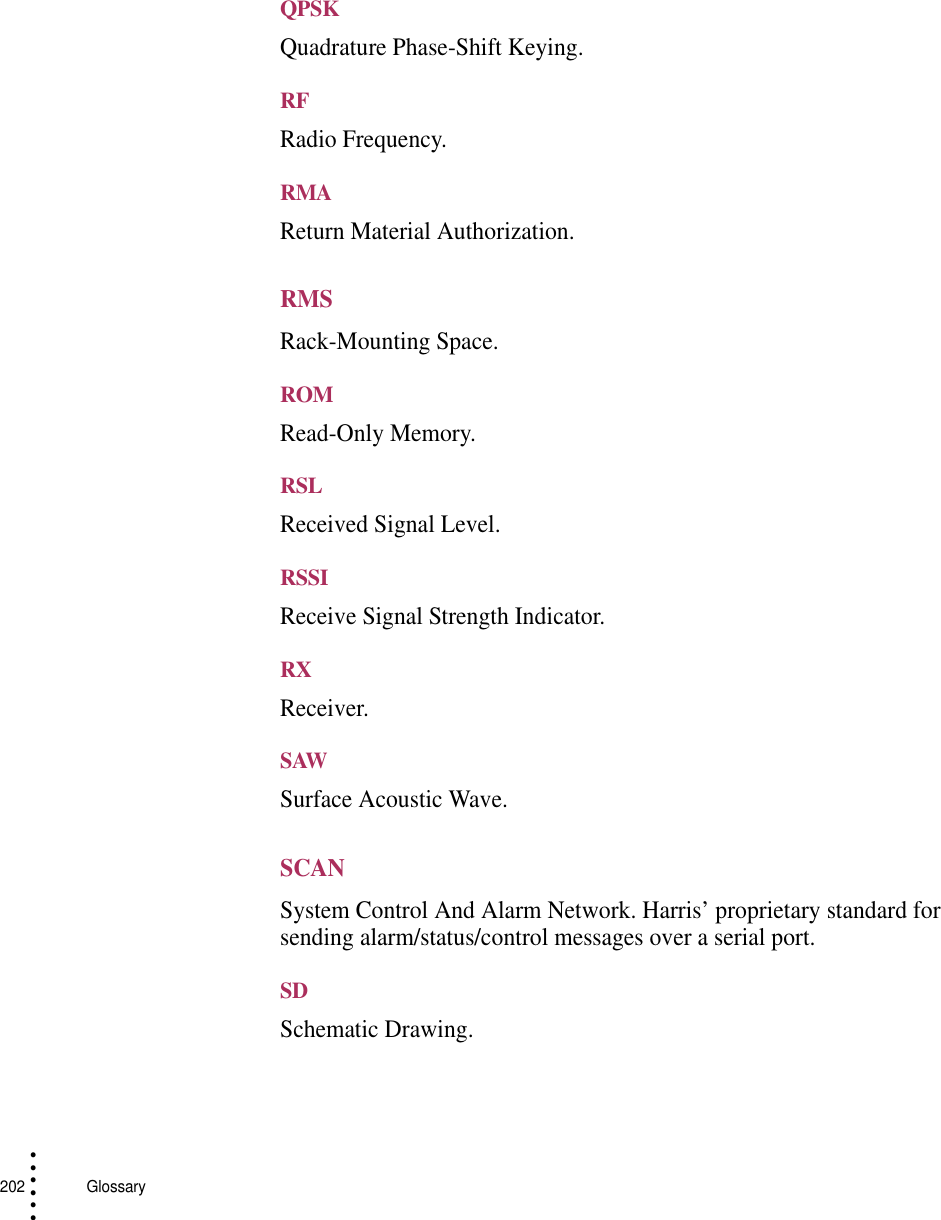 202   Glossary• • • •••QPSKQuadrature Phase-Shift Keying.RFRadio Frequency.RMAReturn Material Authorization.RMSRack-Mounting Space.ROMRead-Only Memory.RSLReceived Signal Level.RSSIReceive Signal Strength Indicator.RXReceiver.SAWSurface Acoustic Wave.SCANSystem Control And Alarm Network. Harris’ proprietary standard for sending alarm/status/control messages over a serial port.SDSchematic Drawing.