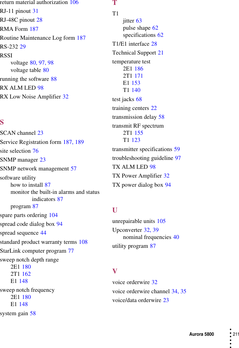 Aurora 5800211 • • • •••return material authorization 106RJ-11 pinout 31RJ-48C pinout 28RMA Form 187Routine Maintenance Log form 187RS-232 29RSSIvoltage 80, 97, 98voltage table 80running the software 88RX ALM LED 98RX Low Noise Amplifier 32SSCAN channel 23Service Registration form 187, 189site selection 76SNMP manager 23SNMP network management 57software utilityhow to install 87monitor the built-in alarms and status indicators 87program 87spare parts ordering 104spread code dialog box 94spread sequence 44standard product warranty terms 108StarLink computer program 77sweep notch depth range2E1 1802T1 162E1 148sweep notch frequency2E1 180E1 148system gain 58TT1 jitter 63pulse shape 62specifications 62T1/E1 interface 28Technical Support 21temperature test2E1 1862T1 171E1 153T1 140test jacks 68training centers 22transmission delay 58transmit RF spectrum2T1 155T1 123transmitter specifications 59troubleshooting guideline 97TX ALM LED 98TX Power Amplifier 32TX power dialog box 94Uunrepairable units 105Upconverter 32, 39nominal frequencies 40utility program 87Vvoice orderwire 32voice orderwire channel 34, 35voice/data orderwire 23