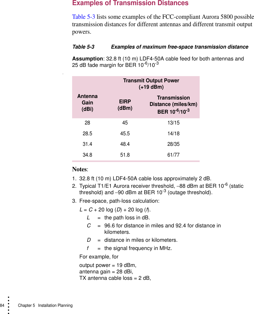 84   Chapter 5  Installation Planning• • • •••Examples of Transmission DistancesTable 5-3 lists some examples of the FCC-compliant Aurora 5800 possible transmission distances for different antennas and different transmit output powers.Table 5-3 Examples of maximum free-space transmission distanceAssumption: 32.8 ft (10 m) LDF4-50A cable feed for both antennas and 25 dB fade margin for BER 10-6/10-3.Notes:1. 32.8 ft (10 m) LDF4-50A cable loss approximately 2 dB.2. Typical T1/E1 Aurora receiver threshold, −88 dBm at BER 10-6 (static threshold) and −90 dBm at BER 10-3 (outage threshold).3. Free-space, path-loss calculation:L = C + 20 log (D) + 20 log (f).L= the path loss in dB.C= 96.6 for distance in miles and 92.4 for distance in kilometers.D= distance in miles or kilometers.f= the signal frequency in MHz.For example, for output power = 19 dBm,antenna gain = 28 dBi, TX antenna cable loss = 2 dB, Antenna Gain(dBi)Transmit Output Power(+19 dBm)EIRP(dBm)Transmission Distance (miles/km)BER 10-6/10-328 45 13/1528.5 45.5 14/1831.4 48.4 28/3534.8 51.8 61/77