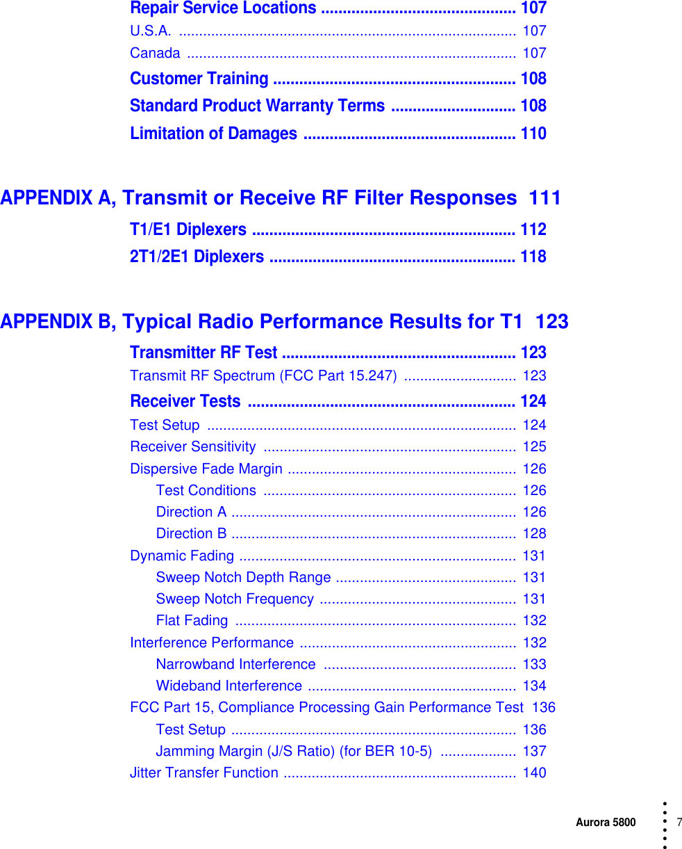 Aurora 58007 • • • •••Repair Service Locations ............................................. 107U.S.A. .................................................................................... 107Canada .................................................................................. 107Customer Training ........................................................ 108Standard Product Warranty Terms ............................. 108Limitation of Damages ................................................. 110APPENDIX A, Transmit or Receive RF Filter Responses  111T1/E1 Diplexers ............................................................. 1122T1/2E1 Diplexers ......................................................... 118APPENDIX B, Typical Radio Performance Results for T1  123Transmitter RF Test ...................................................... 123Transmit RF Spectrum (FCC Part 15.247)  ............................ 123Receiver Tests .............................................................. 124Test Setup  .............................................................................  124Receiver Sensitivity  ............................................................... 125Dispersive Fade Margin ......................................................... 126Test Conditions  ............................................................... 126Direction A ....................................................................... 126Direction B ....................................................................... 128Dynamic Fading ..................................................................... 131Sweep Notch Depth Range ............................................. 131Sweep Notch Frequency ................................................. 131Flat Fading  ......................................................................  132Interference Performance ...................................................... 132Narrowband Interference  ................................................ 133Wideband Interference .................................................... 134FCC Part 15, Compliance Processing Gain Performance Test  136Test Setup ....................................................................... 136Jamming Margin (J/S Ratio) (for BER 10-5)  ................... 137Jitter Transfer Function .......................................................... 140