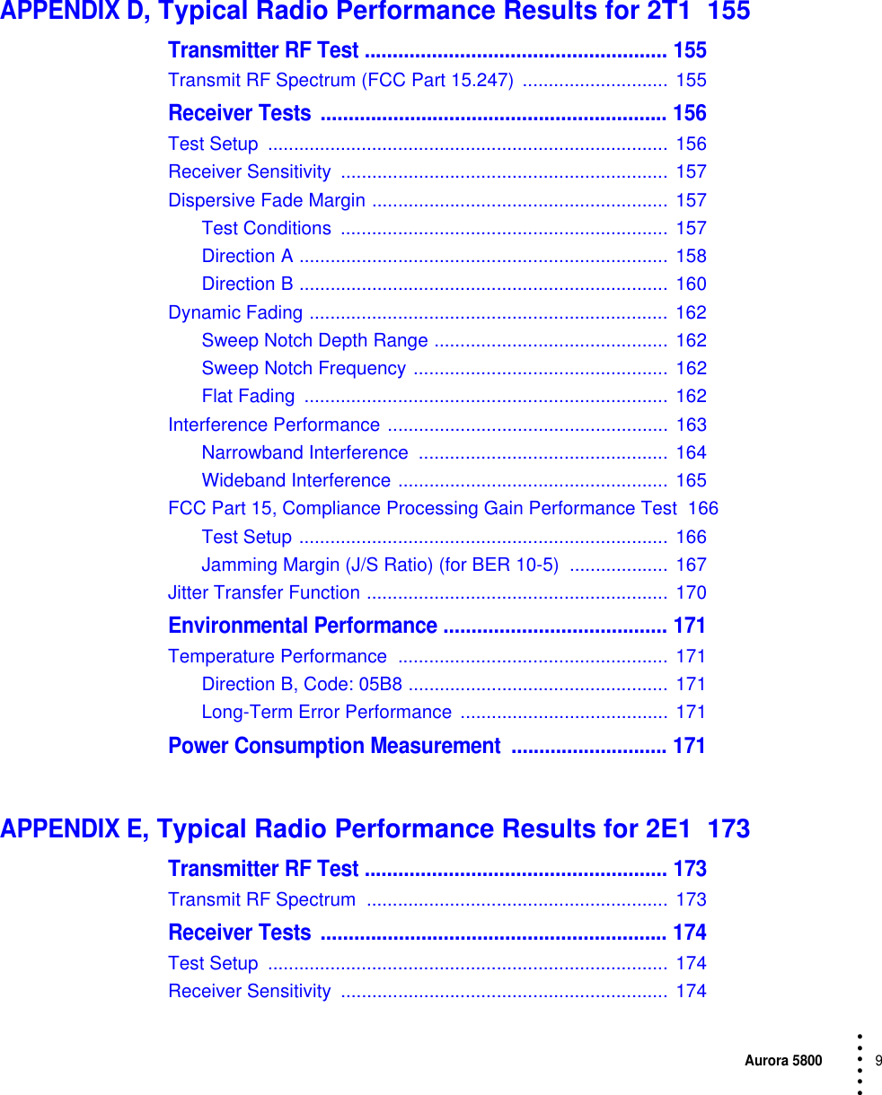 Aurora 58009 • • • •••APPENDIX D, Typical Radio Performance Results for 2T1  155Transmitter RF Test ...................................................... 155Transmit RF Spectrum (FCC Part 15.247)  ............................ 155Receiver Tests .............................................................. 156Test Setup  .............................................................................  156Receiver Sensitivity  ............................................................... 157Dispersive Fade Margin ......................................................... 157Test Conditions  ............................................................... 157Direction A ....................................................................... 158Direction B ....................................................................... 160Dynamic Fading ..................................................................... 162Sweep Notch Depth Range ............................................. 162Sweep Notch Frequency ................................................. 162Flat Fading  ......................................................................  162Interference Performance ...................................................... 163Narrowband Interference  ................................................ 164Wideband Interference .................................................... 165FCC Part 15, Compliance Processing Gain Performance Test  166Test Setup ....................................................................... 166Jamming Margin (J/S Ratio) (for BER 10-5)  ................... 167Jitter Transfer Function .......................................................... 170Environmental Performance ........................................ 171Temperature Performance  .................................................... 171Direction B, Code: 05B8 .................................................. 171Long-Term Error Performance  ........................................ 171Power Consumption Measurement  ............................ 171APPENDIX E, Typical Radio Performance Results for 2E1  173Transmitter RF Test ...................................................... 173Transmit RF Spectrum  .......................................................... 173Receiver Tests .............................................................. 174Test Setup  .............................................................................  174Receiver Sensitivity  ............................................................... 174