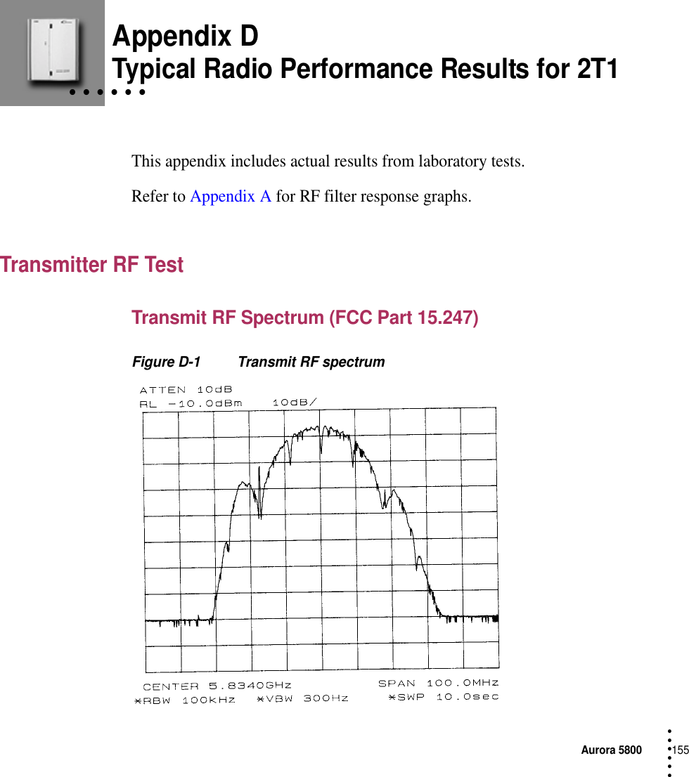 Aurora 5800155 • • • ••• Appendix D• • • • • • Typical Radio Performance Results for 2T1This appendix includes actual results from laboratory tests.Refer to Appendix A for RF filter response graphs.Transmitter RF TestTransmit RF Spectrum (FCC Part 15.247)Figure D-1 Transmit RF spectrum