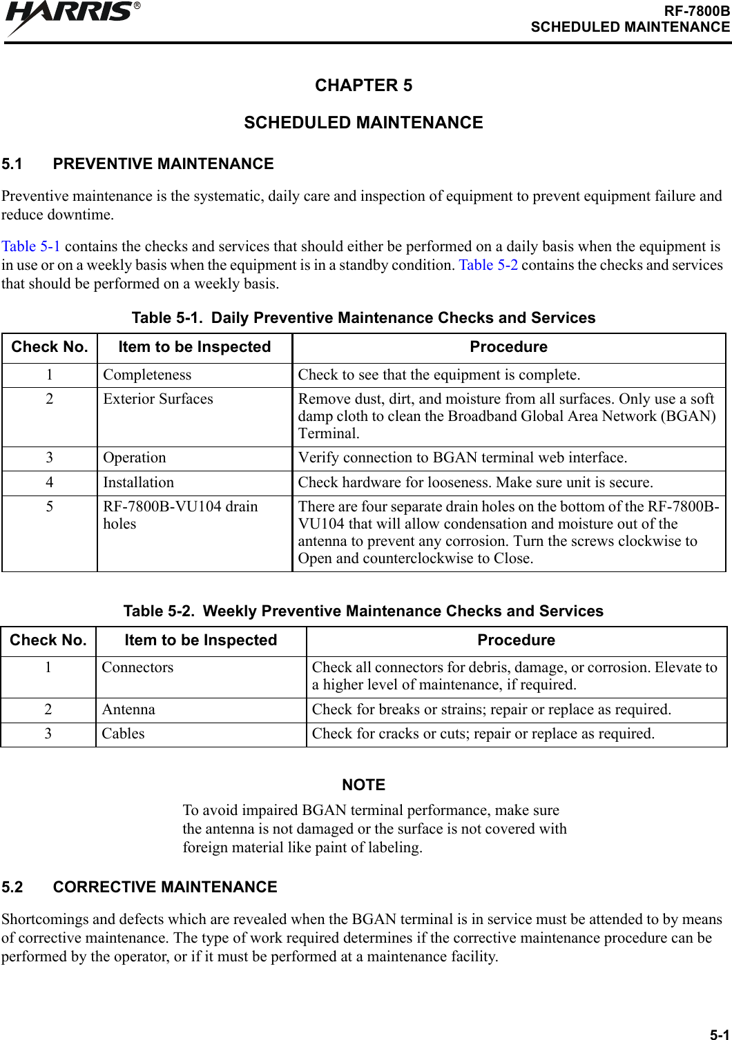 5-1RF-7800BSCHEDULED MAINTENANCERCHAPTER 5SCHEDULED MAINTENANCE5.1 PREVENTIVE MAINTENANCEPreventive maintenance is the systematic, daily care and inspection of equipment to prevent equipment failure and reduce downtime.Table 5-1 contains the checks and services that should either be performed on a daily basis when the equipment is in use or on a weekly basis when the equipment is in a standby condition. Table 5-2 contains the checks and services that should be performed on a weekly basis.NOTETo avoid impaired BGAN terminal performance, make sure the antenna is not damaged or the surface is not covered with foreign material like paint of labeling.5.2 CORRECTIVE MAINTENANCEShortcomings and defects which are revealed when the BGAN terminal is in service must be attended to by means of corrective maintenance. The type of work required determines if the corrective maintenance procedure can be performed by the operator, or if it must be performed at a maintenance facility.Table 5-1. Daily Preventive Maintenance Checks and ServicesCheck No. Item to be Inspected Procedure1 Completeness Check to see that the equipment is complete.2 Exterior Surfaces Remove dust, dirt, and moisture from all surfaces. Only use a soft damp cloth to clean the Broadband Global Area Network (BGAN) Terminal.3 Operation Verify connection to BGAN terminal web interface.4 Installation Check hardware for looseness. Make sure unit is secure.5 RF-7800B-VU104 drain holesThere are four separate drain holes on the bottom of the RF-7800B-VU104 that will allow condensation and moisture out of the antenna to prevent any corrosion. Turn the screws clockwise to Open and counterclockwise to Close.Table 5-2. Weekly Preventive Maintenance Checks and ServicesCheck No. Item to be Inspected Procedure1 Connectors Check all connectors for debris, damage, or corrosion. Elevate to a higher level of maintenance, if required.2 Antenna Check for breaks or strains; repair or replace as required.3 Cables Check for cracks or cuts; repair or replace as required.