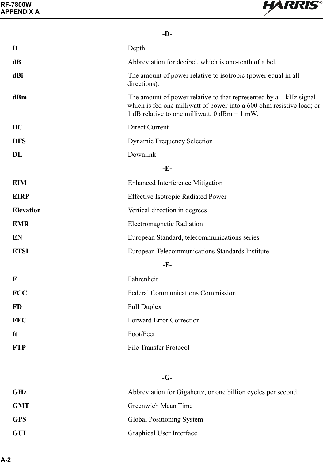 A-2RF-7800WAPPENDIX AR-D-DDepthdB Abbreviation for decibel, which is one-tenth of a bel.dBi The amount of power relative to isotropic (power equal in all directions).dBm The amount of power relative to that represented by a 1 kHz signal which is fed one milliwatt of power into a 600 ohm resistive load; or 1 dB relative to one milliwatt, 0 dBm = 1 mW.DC Direct CurrentDFS Dynamic Frequency SelectionDL Downlink-E-EIM Enhanced Interference MitigationEIRP Effective Isotropic Radiated PowerElevation Vertical direction in degreesEMR Electromagnetic RadiationEN European Standard, telecommunications seriesETSI European Telecommunications Standards Institute-F-FFahrenheitFCC Federal Communications CommissionFD Full DuplexFEC Forward Error Correctionft Foot/FeetFTP File Transfer Protocol-G-GHz Abbreviation for Gigahertz, or one billion cycles per second.GMT Greenwich Mean TimeGPS Global Positioning SystemGUI Graphical User Interface