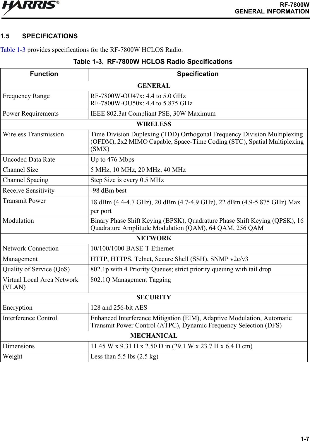 1-7RF-7800WGENERAL INFORMATIONR1.5 SPECIFICATIONSTable 1-3 provides specifications for the RF-7800W HCLOS Radio.Table 1-3. RF-7800W HCLOS Radio SpecificationsFunction SpecificationGENERALFrequency Range RF-7800W-OU47x: 4.4 to 5.0 GHzRF-7800W-OU50x: 4.4 to 5.875 GHzPower Requirements IEEE 802.3at Compliant PSE, 30W MaximumWIRELESSWireless Transmission Time Division Duplexing (TDD) Orthogonal Frequency Division Multiplexing (OFDM), 2x2 MIMO Capable, Space-Time Coding (STC), Spatial Multiplexing (SMX)Uncoded Data Rate Up to 476 MbpsChannel Size 5 MHz, 10 MHz, 20 MHz, 40 MHz Channel Spacing Step Size is every 0.5 MHz Receive Sensitivity -98 dBm bestTransmit Power 18 dBm (4.4-4.7 GHz), 20 dBm (4.7-4.9 GHz), 22 dBm (4.9-5.875 GHz) Max per portModulation Binary Phase Shift Keying (BPSK), Quadrature Phase Shift Keying (QPSK), 16 Quadrature Amplitude Modulation (QAM), 64 QAM, 256 QAMNETWORKNetwork Connection 10/100/1000 BASE-T EthernetManagement HTTP, HTTPS, Telnet, Secure Shell (SSH), SNMP v2c/v3Quality of Service (QoS) 802.1p with 4 Priority Queues; strict priority queuing with tail dropVirtual Local Area Network (VLAN)802.1Q Management TaggingSECURITYEncryption 128 and 256-bit AESInterference Control Enhanced Interference Mitigation (EIM), Adaptive Modulation, Automatic Transmit Power Control (ATPC), Dynamic Frequency Selection (DFS)MECHANICALDimensions 11.45 W x 9.31 H x 2.50 D in (29.1 W x 23.7 H x 6.4 D cm)Weight Less than 5.5 lbs (2.5 kg)