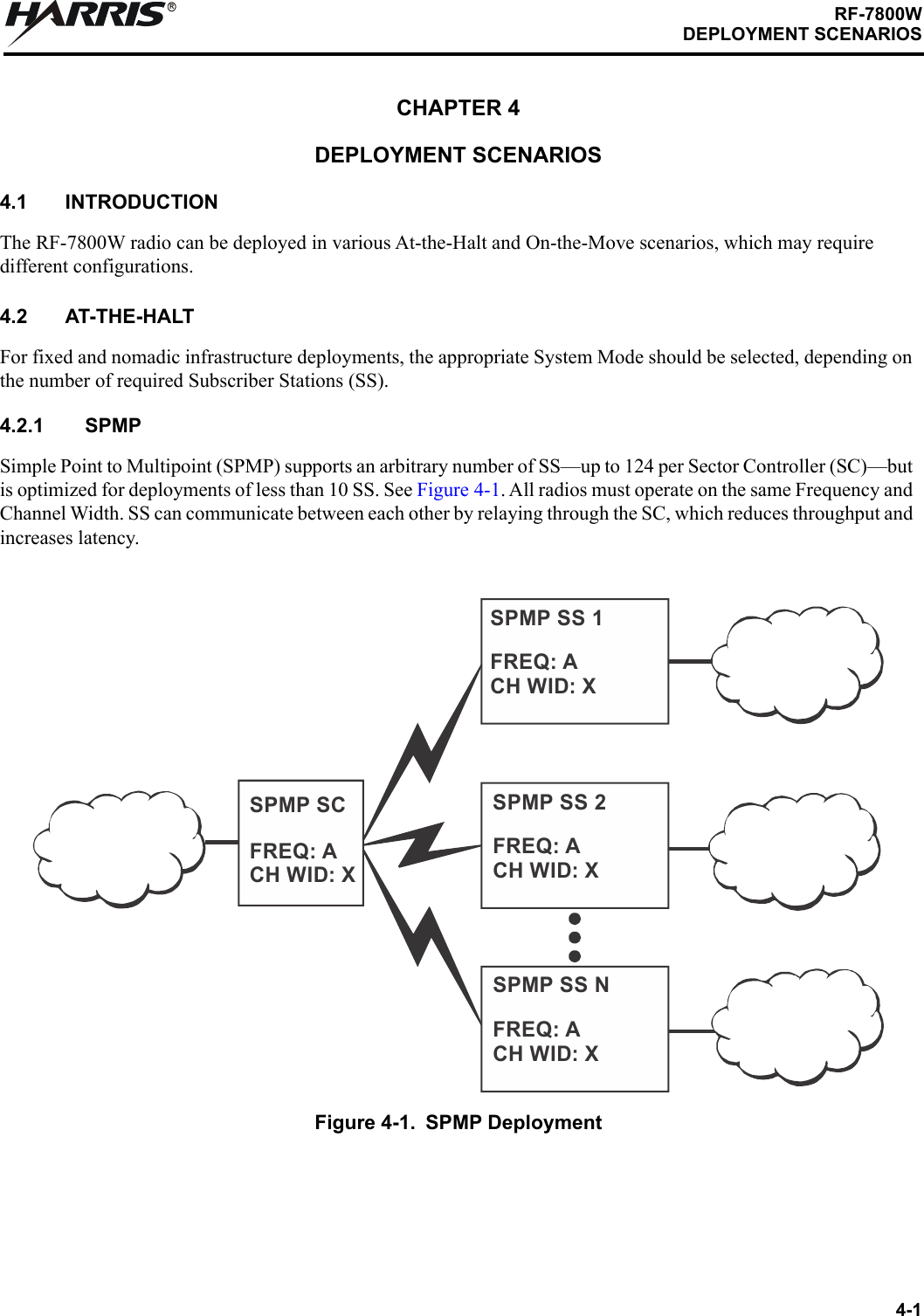 4-1RF-7800WDEPLOYMENT SCENARIOSRCHAPTER 4DEPLOYMENT SCENARIOS4.1 INTRODUCTIONThe RF-7800W radio can be deployed in various At-the-Halt and On-the-Move scenarios, which may require different configurations.4.2 AT-THE-HALTFor fixed and nomadic infrastructure deployments, the appropriate System Mode should be selected, depending on the number of required Subscriber Stations (SS).4.2.1 SPMPSimple Point to Multipoint (SPMP) supports an arbitrary number of SS—up to 124 per Sector Controller (SC)—but is optimized for deployments of less than 10 SS. See Figure 4-1. All radios must operate on the same Frequency and Channel Width. SS can communicate between each other by relaying through the SC, which reduces throughput and increases latency.Figure 4-1. SPMP DeploymentSPMP SCFREQ: ACH WID: XSPMP SS 1FREQ: ACH WID: XSPMP SS 2FREQ: ACH WID: XSPMP SS NFREQ: ACH WID: X