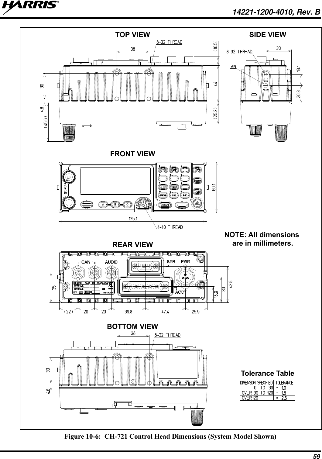   14221-1200-4010, Rev. B 59  Figure 10-6:  CH-721 Control Head Dimensions (System Model Shown) SIDE VIEWTOP VIEWFRONT VIEWNOTE: All dimensionsare in millimeters.Tolerance TableBOTTOM VIEWREAR VIEW