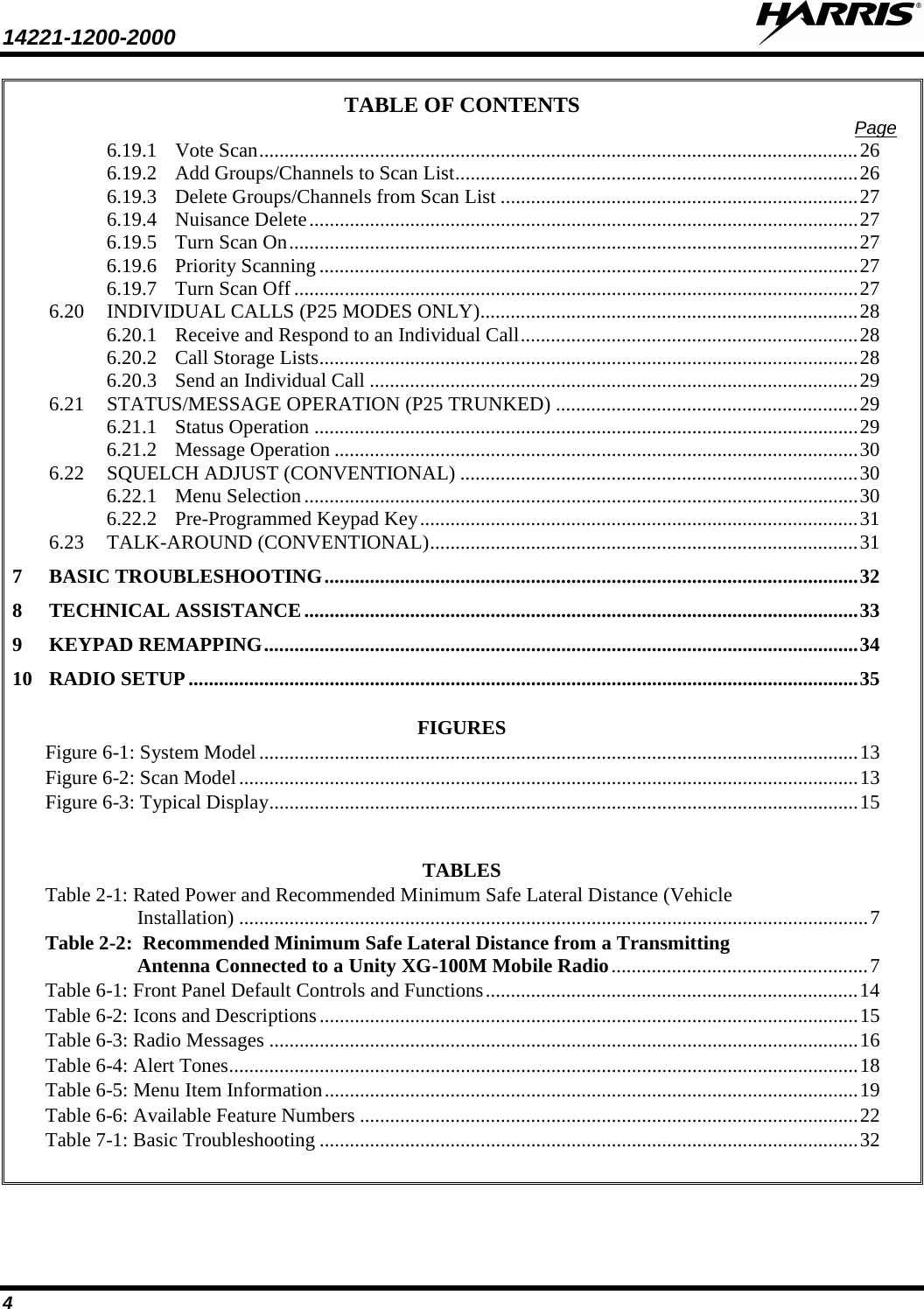 14221-1200-2000  4 TABLE OF CONTENTS Page 6.19.1 Vote Scan ....................................................................................................................... 26 6.19.2 Add Groups/Channels to Scan List ................................................................................ 26 6.19.3 Delete Groups/Channels from Scan List ....................................................................... 27 6.19.4 Nuisance Delete ............................................................................................................. 27 6.19.5 Turn Scan On ................................................................................................................. 27 6.19.6 Priority Scanning ........................................................................................................... 27 6.19.7 Turn Scan Off ................................................................................................................ 27 6.20 INDIVIDUAL CALLS (P25 MODES ONLY) ........................................................................... 28 6.20.1 Receive and Respond to an Individual Call ................................................................... 28 6.20.2 Call Storage Lists ........................................................................................................... 28 6.20.3 Send an Individual Call ................................................................................................. 29 6.21 STATUS/MESSAGE OPERATION (P25 TRUNKED) ............................................................ 29 6.21.1 Status Operation ............................................................................................................ 29 6.21.2 Message Operation ........................................................................................................ 30 6.22 SQUELCH ADJUST (CONVENTIONAL) ............................................................................... 30 6.22.1 Menu Selection .............................................................................................................. 30 6.22.2 Pre-Programmed Keypad Key ....................................................................................... 31 6.23 TALK-AROUND (CONVENTIONAL) ..................................................................................... 31 7 BASIC TROUBLESHOOTING .......................................................................................................... 32 8 TECHNICAL ASSISTANCE .............................................................................................................. 33 9 KEYPAD REMAPPING ...................................................................................................................... 34 10 RADIO SETUP ..................................................................................................................................... 35  FIGURES Figure 6-1: System Model ....................................................................................................................... 13 Figure 6-2: Scan Model ........................................................................................................................... 13 Figure 6-3: Typical Display ..................................................................................................................... 15   TABLES Table 2-1: Rated Power and Recommended Minimum Safe Lateral Distance (Vehicle Installation) ............................................................................................................................. 7 Table 2-2:  Recommended Minimum Safe Lateral Distance from a Transmitting Antenna Connected to a Unity XG-100M Mobile Radio ................................................... 7 Table 6-1: Front Panel Default Controls and Functions .......................................................................... 14 Table 6-2: Icons and Descriptions ........................................................................................................... 15 Table 6-3: Radio Messages ..................................................................................................................... 16 Table 6-4: Alert Tones ............................................................................................................................. 18 Table 6-5: Menu Item Information .......................................................................................................... 19 Table 6-6: Available Feature Numbers ................................................................................................... 22 Table 7-1: Basic Troubleshooting ........................................................................................................... 32  