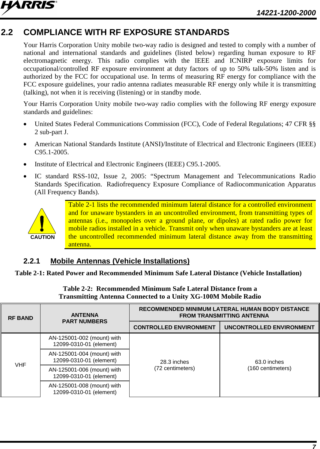  14221-1200-2000 7 2.2 COMPLIANCE WITH RF EXPOSURE STANDARDS Your Harris Corporation Unity mobile two-way radio is designed and tested to comply with a number of national and international standards and guidelines (listed below) regarding human exposure to RF electromagnetic energy.  This radio complies with the IEEE and ICNIRP exposure limits for occupational/controlled RF exposure environment at duty factors of up to 50% talk-50% listen and is authorized by the FCC for occupational use. In terms of measuring RF energy for compliance with the FCC exposure guidelines, your radio antenna radiates measurable RF energy only while it is transmitting (talking), not when it is receiving (listening) or in standby mode. Your Harris Corporation Unity mobile two-way radio complies with the following RF energy exposure standards and guidelines: • United States Federal Communications Commission (FCC), Code of Federal Regulations; 47 CFR §§ 2 sub-part J. • American National Standards Institute (ANSI)/Institute of Electrical and Electronic Engineers (IEEE) C95.1-2005. • Institute of Electrical and Electronic Engineers (IEEE) C95.1-2005. • IC standard RSS-102, Issue 2, 2005: “Spectrum Management and Telecommunications Radio Standards Specification.  Radiofrequency Exposure Compliance of Radiocommunication Apparatus (All Frequency Bands). CAUTION Table 2-1 lists the recommended minimum lateral distance for a controlled environment and for unaware bystanders in an uncontrolled environment, from transmitting types of antennas (i.e., monopoles over a ground plane, or dipoles) at rated radio power for mobile radios installed in a vehicle. Transmit only when unaware bystanders are at least the uncontrolled recommended minimum lateral distance away from the transmitting antenna. 2.2.1 Mobile Antennas (Vehicle Installations) Table 2-1: Rated Power and Recommended Minimum Safe Lateral Distance (Vehicle Installation) Table 2-2:  Recommended Minimum Safe Lateral Distance from a Transmitting Antenna Connected to a Unity XG-100M Mobile Radio RF BAND ANTENNA PART NUMBERS RECOMMENDED MINIMUM LATERAL HUMAN BODY DISTANCE FROM TRANSMITTING ANTENNA CONTROLLED ENVIRONMENT UNCONTROLLED ENVIRONMENT VHF AN-125001-002 (mount) with 12099-0310-01 (element) 28.3 inches (72 centimeters) 63.0 inches (160 centimeters) AN-125001-004 (mount) with 12099-0310-01 (element) AN-125001-006 (mount) with 12099-0310-01 (element) AN-125001-008 (mount) with 12099-0310-01 (element) 