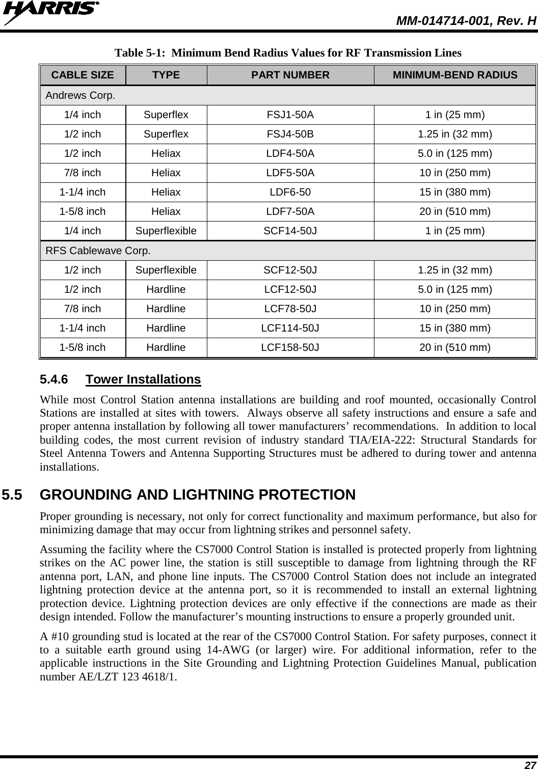  MM-014714-001, Rev. H 27 Table 5-1:  Minimum Bend Radius Values for RF Transmission Lines CABLE SIZE TYPE PART NUMBER MINIMUM-BEND RADIUS Andrews Corp. 1/4 inch Superflex FSJ1-50A  1 in (25 mm) 1/2 inch Superflex FSJ4-50B 1.25 in (32 mm) 1/2 inch Heliax LDF4-50A 5.0 in (125 mm) 7/8 inch Heliax LDF5-50A 10 in (250 mm) 1-1/4 inch Heliax LDF6-50 15 in (380 mm) 1-5/8 inch Heliax LDF7-50A 20 in (510 mm) 1/4 inch Superflexible SCF14-50J  1 in (25 mm) RFS Cablewave Corp. 1/2 inch Superflexible SCF12-50J 1.25 in (32 mm) 1/2 inch Hardline LCF12-50J 5.0 in (125 mm) 7/8 inch Hardline LCF78-50J 10 in (250 mm) 1-1/4 inch Hardline LCF114-50J 15 in (380 mm) 1-5/8 inch Hardline LCF158-50J 20 in (510 mm) 5.4.6 Tower Installations While most Control Station antenna installations are building and roof mounted, occasionally Control Stations are installed at sites with towers.  Always observe all safety instructions and ensure a safe and proper antenna installation by following all tower manufacturers’ recommendations.  In addition to local building codes, the most current revision of industry standard TIA/EIA-222: Structural Standards for Steel Antenna Towers and Antenna Supporting Structures must be adhered to during tower and antenna installations. 5.5 GROUNDING AND LIGHTNING PROTECTION Proper grounding is necessary, not only for correct functionality and maximum performance, but also for minimizing damage that may occur from lightning strikes and personnel safety. Assuming the facility where the CS7000 Control Station is installed is protected properly from lightning strikes on the AC power line, the station is still susceptible to damage from lightning through the RF antenna port, LAN, and phone line inputs. The CS7000 Control Station does not include an integrated lightning protection device at the antenna port, so it is recommended to install an external lightning protection device. Lightning protection devices are only effective if the connections are made as their design intended. Follow the manufacturer’s mounting instructions to ensure a properly grounded unit. A #10 grounding stud is located at the rear of the CS7000 Control Station. For safety purposes, connect it to  a suitable earth ground using 14-AWG (or larger) wire. For additional information, refer to the applicable instructions in the Site Grounding and Lightning Protection Guidelines Manual, publication number AE/LZT 123 4618/1. 