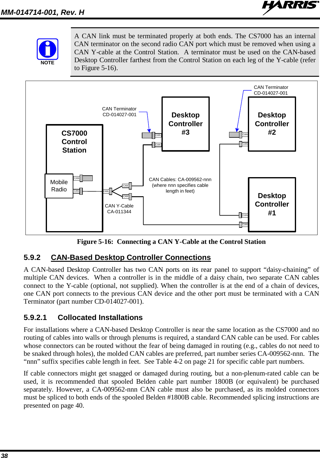 MM-014714-001, Rev. H   38  A CAN link must be terminated properly at both ends. The CS7000 has an internal CAN terminator on the second radio CAN port which must be removed when using a CAN Y-cable at the Control Station.  A terminator must be used on the CAN-based Desktop Controller farthest from the Control Station on each leg of the Y-cable (refer to Figure 5-16). CANCANDesktopController #1CAN Terminator CD-014027-001CANCANDesktopController #2CANCS7000 Control StationMobile RadioCANCANCANDesktopController #3CANCANCAN Terminator CD-014027-001CAN Cables: CA-009562-nnn(where nnn specifies cable length in feet)CAN Y-Cable CA-011344CAN Figure 5-16:  Connecting a CAN Y-Cable at the Control Station 5.9.2 CAN-Based Desktop Controller Connections A CAN-based Desktop Controller has two CAN ports on its rear panel to support “daisy-chaining” of multiple CAN devices.  When a controller is in the middle of a daisy chain, two separate CAN cables connect to the Y-cable (optional, not supplied). When the controller is at the end of a chain of devices, one CAN port connects to the previous CAN device and the other port must be terminated with a CAN Terminator (part number CD-014027-001). 5.9.2.1 Collocated Installations For installations where a CAN-based Desktop Controller is near the same location as the CS7000 and no routing of cables into walls or through plenums is required, a standard CAN cable can be used. For cables whose connectors can be routed without the fear of being damaged in routing (e.g., cables do not need to be snaked through holes), the molded CAN cables are preferred, part number series CA-009562-nnn.  The “nnn” suffix specifies cable length in feet.  See Table 4-2 on page 21 for specific cable part numbers.  If cable connectors might get snagged or damaged during routing, but a non-plenum-rated cable can be used, it is recommended that spooled Belden cable part number 1800B (or equivalent) be purchased separately.  However, a CA-009562-nnn CAN cable must also be purchased, as its molded connectors must be spliced to both ends of the spooled Belden #1800B cable. Recommended splicing instructions are presented on page 40. NOTE