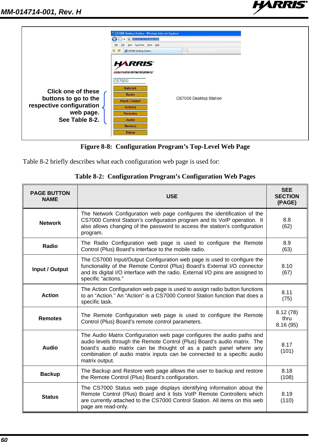 MM-014714-001, Rev. H   60                                                       Figure 8-8:  Configuration Program’s Top-Level Web Page Table 8-2 briefly describes what each configuration web page is used for:  Table 8-2:  Configuration Program’s Configuration Web Pages PAGE BUTTON NAME USE SEE SECTION (PAGE) Network The Network Configuration web page configures the identification of the CS7000 Control Station’s configuration program and its VoIP operation.  It also allows changing of the password to access the station’s configuration program. 8.8 (62) Radio The Radio Configuration web page is used to configure the Remote Control (Plus) Board’s interface to the mobile radio. 8.9 (63) Input / Output The CS7000 Input/Output Configuration web page is used to configure the functionality of the Remote Control (Plus) Board’s External I/O connector and its digital I/O interface with the radio. External I/O pins are assigned to specific “actions.” 8.10 (67) Action The Action Configuration web page is used to assign radio button functions to an “Action.” An “Action” is a CS7000 Control Station function that does a specific task. 8.11 (75) Remotes The Remote Configuration web page is used to configure the Remote Control (Plus) Board’s remote control parameters. 8.12 (78) thru 8.16 (95) Audio The Audio Matrix Configuration web page configures the audio paths and audio levels through the Remote Control (Plus) Board’s audio matrix.  The board’s audio matrix can be thought of as a patch panel where any combination of audio matrix inputs can be connected to a specific audio matrix output. 8.17 (101) Backup The Backup and Restore web page allows the user to backup and restore the Remote Control (Plus) Board’s configuration. 8.18 (108) Status The CS7000 Status web page displays identifying information about the Remote Control (Plus) Board and it lists VoIP Remote Controllers which are currently attached to the CS7000 Control Station. All items on this web page are read-only. 8.19 (110) Click one of these buttons to go to the respective configuration web page. See Table 8-2. 
