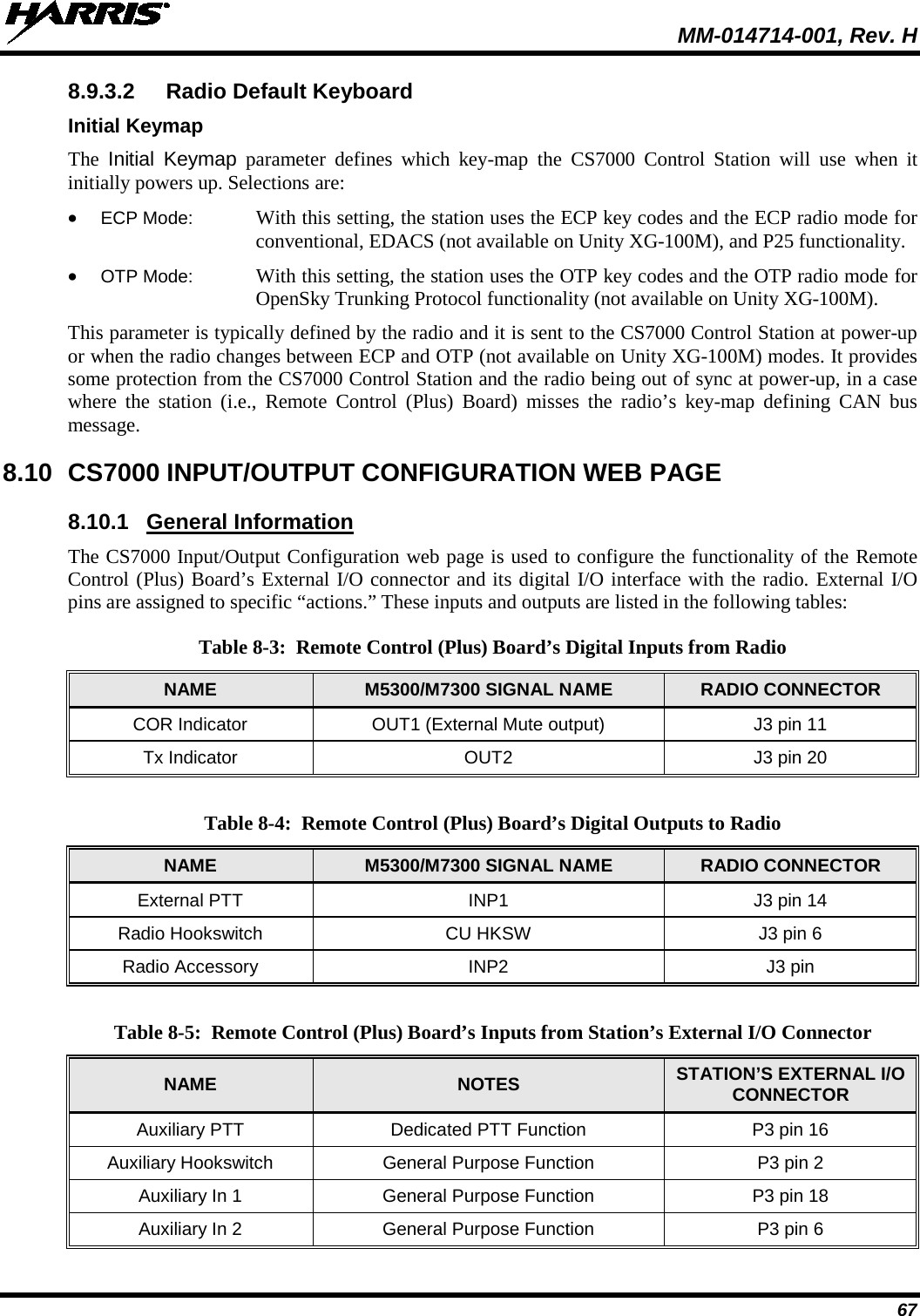 MM-014714-001, Rev. H 67 8.9.3.2  Radio Default Keyboard Initial Keymap The  Initial Keymap parameter defines which key-map the CS7000 Control Station will use when it initially powers up. Selections are: • ECP Mode: With this setting, the station uses the ECP key codes and the ECP radio mode for conventional, EDACS (not available on Unity XG-100M), and P25 functionality. • OTP Mode: With this setting, the station uses the OTP key codes and the OTP radio mode for OpenSky Trunking Protocol functionality (not available on Unity XG-100M). This parameter is typically defined by the radio and it is sent to the CS7000 Control Station at power-up or when the radio changes between ECP and OTP (not available on Unity XG-100M) modes. It provides some protection from the CS7000 Control Station and the radio being out of sync at power-up, in a case where the station (i.e., Remote Control (Plus) Board) misses the radio’s key-map defining CAN bus message. 8.10 CS7000 INPUT/OUTPUT CONFIGURATION WEB PAGE 8.10.1 General Information The CS7000 Input/Output Configuration web page is used to configure the functionality of the Remote Control (Plus) Board’s External I/O connector and its digital I/O interface with the radio. External I/O pins are assigned to specific “actions.” These inputs and outputs are listed in the following tables: Table 8-3:  Remote Control (Plus) Board’s Digital Inputs from Radio NAME M5300/M7300 SIGNAL NAME RADIO CONNECTOR COR Indicator OUT1 (External Mute output) J3 pin 11 Tx Indicator OUT2 J3 pin 20  Table 8-4:  Remote Control (Plus) Board’s Digital Outputs to Radio NAME M5300/M7300 SIGNAL NAME RADIO CONNECTOR External PTT INP1 J3 pin 14 Radio Hookswitch CU HKSW J3 pin 6 Radio Accessory INP2 J3 pin   Table 8-5:  Remote Control (Plus) Board’s Inputs from Station’s External I/O Connector NAME NOTES STATION’S EXTERNAL I/O CONNECTOR Auxiliary PTT Dedicated PTT Function P3 pin 16 Auxiliary Hookswitch General Purpose Function P3 pin 2 Auxiliary In 1 General Purpose Function P3 pin 18 Auxiliary In 2 General Purpose Function P3 pin 6 
