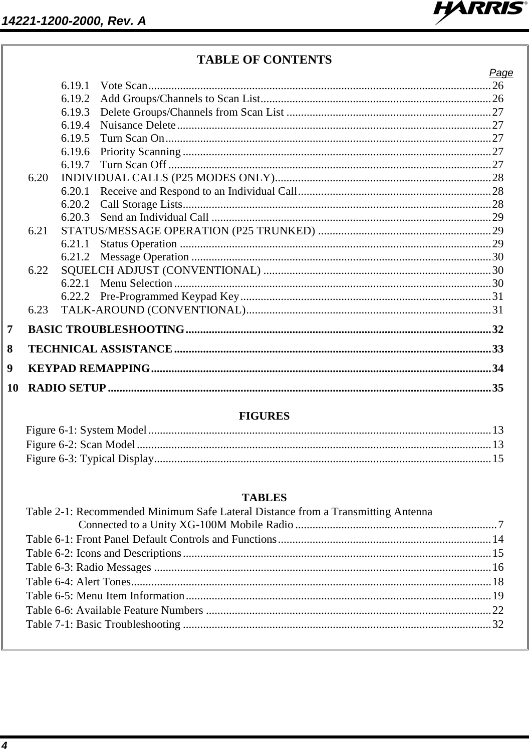 14221-1200-2000, Rev. A  4 TABLE OF CONTENTS Page 6.19.1 Vote Scan ....................................................................................................................... 26 6.19.2 Add Groups/Channels to Scan List ................................................................................ 26 6.19.3 Delete Groups/Channels from Scan List ....................................................................... 27 6.19.4 Nuisance Delete ............................................................................................................. 27 6.19.5 Turn Scan On ................................................................................................................. 27 6.19.6 Priority Scanning ........................................................................................................... 27 6.19.7 Turn Scan Off ................................................................................................................ 27 6.20 INDIVIDUAL CALLS (P25 MODES ONLY) ........................................................................... 28 6.20.1 Receive and Respond to an Individual Call ................................................................... 28 6.20.2 Call Storage Lists ........................................................................................................... 28 6.20.3 Send an Individual Call ................................................................................................. 29 6.21 STATUS/MESSAGE OPERATION (P25 TRUNKED) ............................................................ 29 6.21.1 Status Operation ............................................................................................................ 29 6.21.2 Message Operation ........................................................................................................ 30 6.22 SQUELCH ADJUST (CONVENTIONAL) ............................................................................... 30 6.22.1 Menu Selection .............................................................................................................. 30 6.22.2 Pre-Programmed Keypad Key ....................................................................................... 31 6.23 TALK-AROUND (CONVENTIONAL) ..................................................................................... 31 7 BASIC TROUBLESHOOTING .......................................................................................................... 32 8 TECHNICAL ASSISTANCE .............................................................................................................. 33 9 KEYPAD REMAPPING ...................................................................................................................... 34 10 RADIO SETUP ..................................................................................................................................... 35  FIGURES Figure 6-1: System Model ....................................................................................................................... 13 Figure 6-2: Scan Model ........................................................................................................................... 13 Figure 6-3: Typical Display ..................................................................................................................... 15   TABLES Table 2-1: Recommended Minimum Safe Lateral Distance from a Transmitting Antenna Connected to a Unity XG-100M Mobile Radio ...................................................................... 7 Table 6-1: Front Panel Default Controls and Functions .......................................................................... 14 Table 6-2: Icons and Descriptions ........................................................................................................... 15 Table 6-3: Radio Messages ..................................................................................................................... 16 Table 6-4: Alert Tones ............................................................................................................................. 18 Table 6-5: Menu Item Information .......................................................................................................... 19 Table 6-6: Available Feature Numbers ................................................................................................... 22 Table 7-1: Basic Troubleshooting ........................................................................................................... 32  
