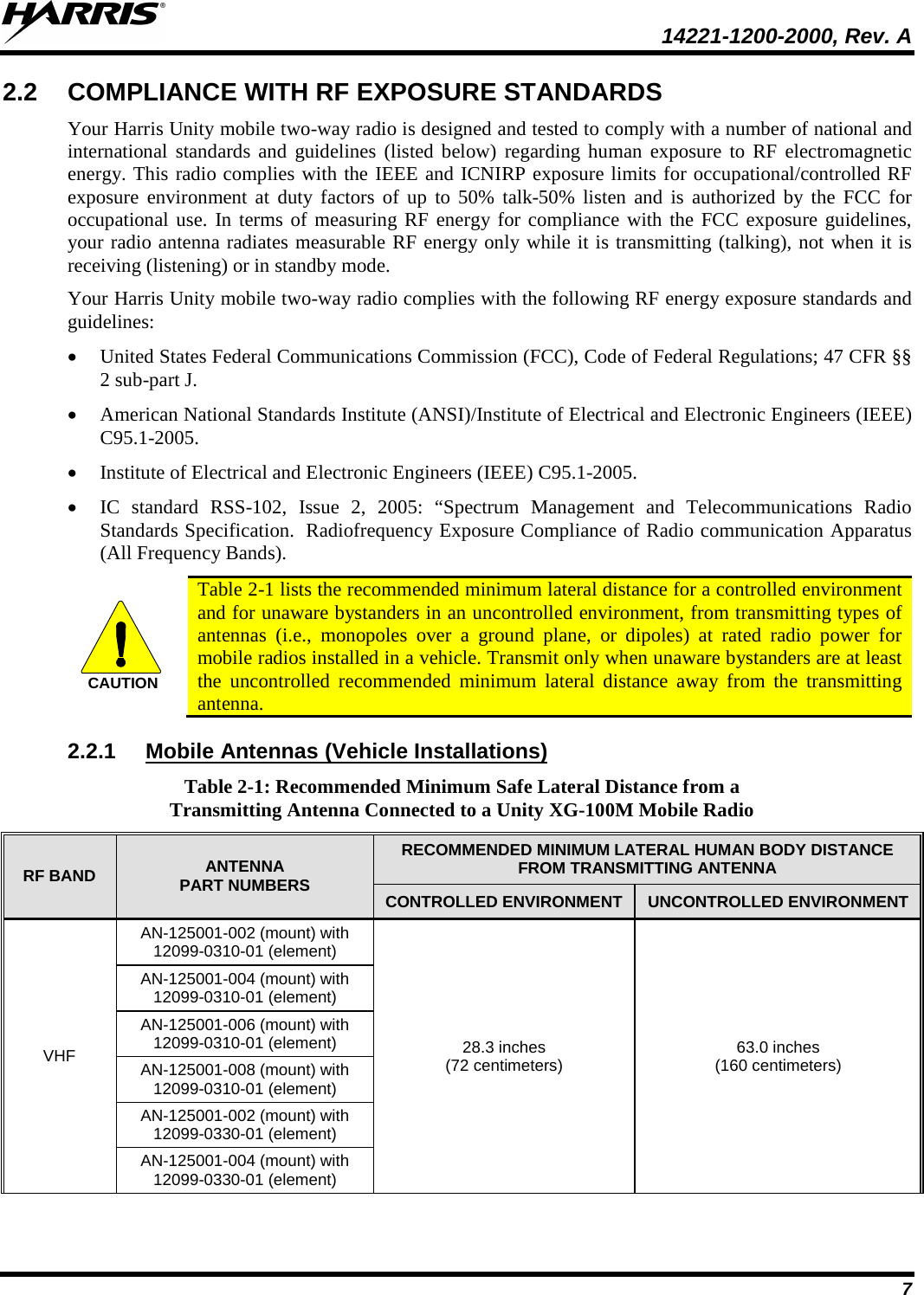  14221-1200-2000, Rev. A 7 2.2 COMPLIANCE WITH RF EXPOSURE STANDARDS Your Harris Unity mobile two-way radio is designed and tested to comply with a number of national and international standards and guidelines (listed below) regarding human exposure to RF electromagnetic energy. This radio complies with the IEEE and ICNIRP exposure limits for occupational/controlled RF exposure environment at duty factors of up to 50% talk-50% listen and is authorized by the FCC for occupational use. In terms of measuring RF energy for compliance with the FCC exposure guidelines, your radio antenna radiates measurable RF energy only while it is transmitting (talking), not when it is receiving (listening) or in standby mode. Your Harris Unity mobile two-way radio complies with the following RF energy exposure standards and guidelines: • United States Federal Communications Commission (FCC), Code of Federal Regulations; 47 CFR §§ 2 sub-part J. • American National Standards Institute (ANSI)/Institute of Electrical and Electronic Engineers (IEEE) C95.1-2005. • Institute of Electrical and Electronic Engineers (IEEE) C95.1-2005. • IC standard RSS-102, Issue 2, 2005: “Spectrum Management and Telecommunications Radio Standards Specification.  Radiofrequency Exposure Compliance of Radio communication Apparatus (All Frequency Bands). CAUTION Table 2-1 lists the recommended minimum lateral distance for a controlled environment and for unaware bystanders in an uncontrolled environment, from transmitting types of antennas (i.e., monopoles over a ground plane, or dipoles) at rated radio power for mobile radios installed in a vehicle. Transmit only when unaware bystanders are at least the uncontrolled recommended minimum lateral distance away from the transmitting antenna. 2.2.1 Mobile Antennas (Vehicle Installations) Table 2-1: Recommended Minimum Safe Lateral Distance from a Transmitting Antenna Connected to a Unity XG-100M Mobile Radio RF BAND ANTENNA PART NUMBERS RECOMMENDED MINIMUM LATERAL HUMAN BODY DISTANCE FROM TRANSMITTING ANTENNA CONTROLLED ENVIRONMENT UNCONTROLLED ENVIRONMENT VHF AN-125001-002 (mount) with 12099-0310-01 (element) 28.3 inches (72 centimeters) 63.0 inches (160 centimeters) AN-125001-004 (mount) with 12099-0310-01 (element) AN-125001-006 (mount) with 12099-0310-01 (element) AN-125001-008 (mount) with 12099-0310-01 (element) AN-125001-002 (mount) with 12099-0330-01 (element) AN-125001-004 (mount) with 12099-0330-01 (element) 