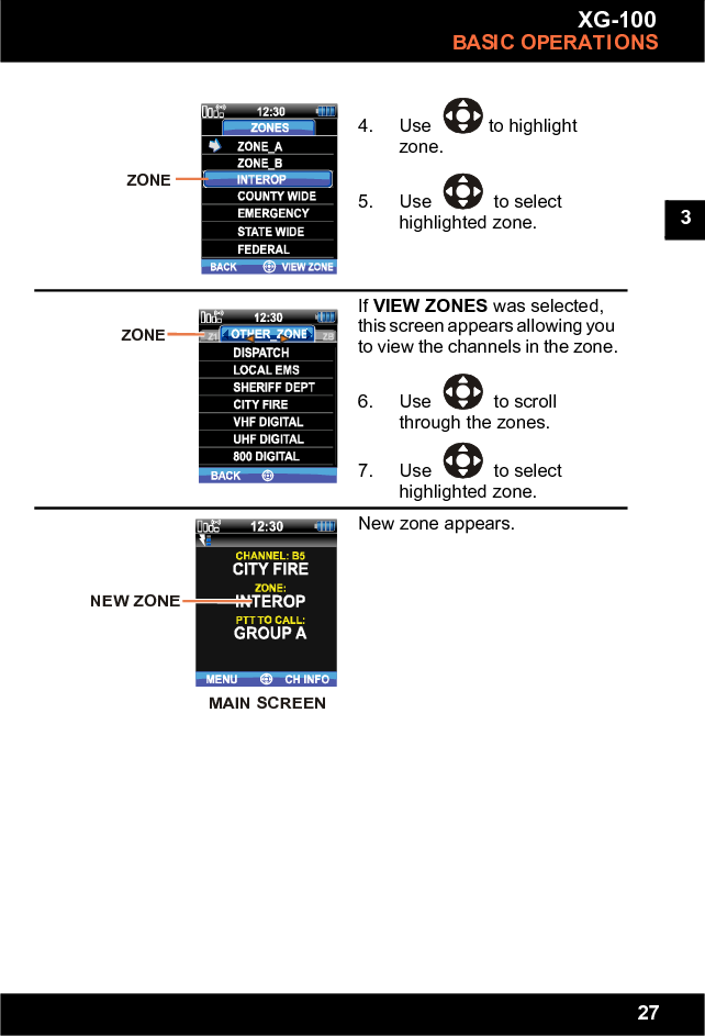 27XG-100BASIC OPERATI ONS34. Use to highlight zone.5. Use   to select highlighted zone. If VIEW ZONES was selected, this screen appears allowing you to view the channels in the zone.6. Use   to scroll through the zones.7. Use   to select highlighted zone. New zone appears.ZONEZONENEW ZONEMAIN SCREEN