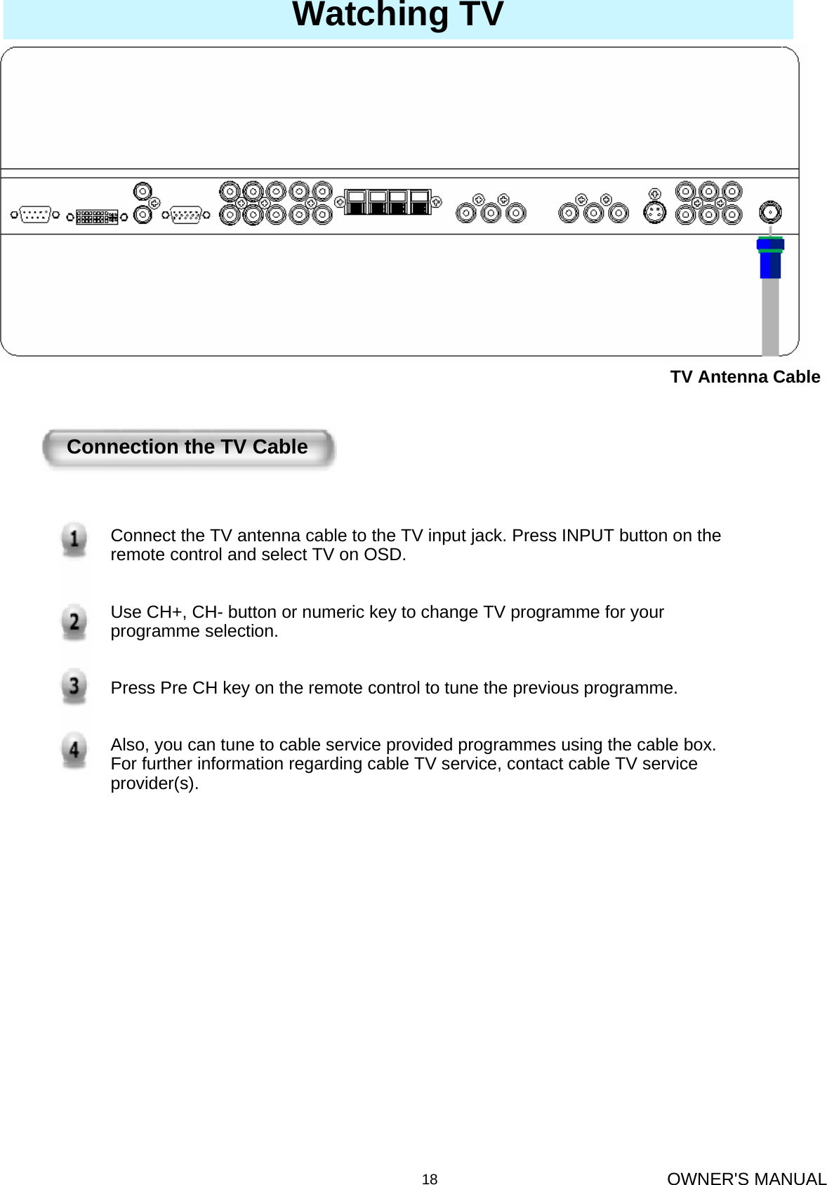 OWNER&apos;S MANUAL18Watching TVConnection the TV CableConnect the TV antenna cable to the TV input jack. Press INPUT button on the remote control and select TV on OSD.Use CH+, CH- button or numeric key to change TV programme for your programme selection.Press Pre CH key on the remote control to tune the previous programme.Also, you can tune to cable service provided programmes using the cable box. For further information regarding cable TV service, contact cable TV service provider(s).TV Antenna Cable