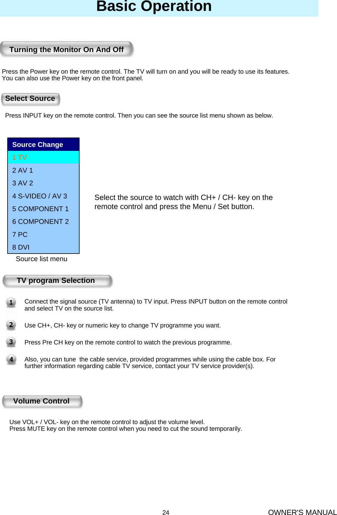 OWNER&apos;S MANUAL24Basic OperationTurning the Monitor On And OffPress the Power key on the remote control. The TV will turn on and you will be ready to use its features. You can also use the Power key on the front panel.TV program SelectionConnect the signal source (TV antenna) to TV input. Press INPUT button on the remote control and select TV on the source list.Use CH+, CH- key or numeric key to change TV programme you want.Press Pre CH key on the remote control to watch the previous programme.Also, you can tune  the cable service, provided programmes while using the cable box. For further information regarding cable TV service, contact your TV service provider(s).Volume ControlUse VOL+ / VOL- key on the remote control to adjust the volume level.Press MUTE key on the remote control when you need to cut the sound temporarily.Select Source Press INPUT key on the remote control. Then you can see the source list menu shown as below.8 DVI7 PC6 COMPONENT 25 COMPONENT 14 S-VIDEO / AV 33 AV 22 AV 11 TVSource ChangeSelect the source to watch with CH+ / CH- key on the remote control and press the Menu / Set button.Source list menu