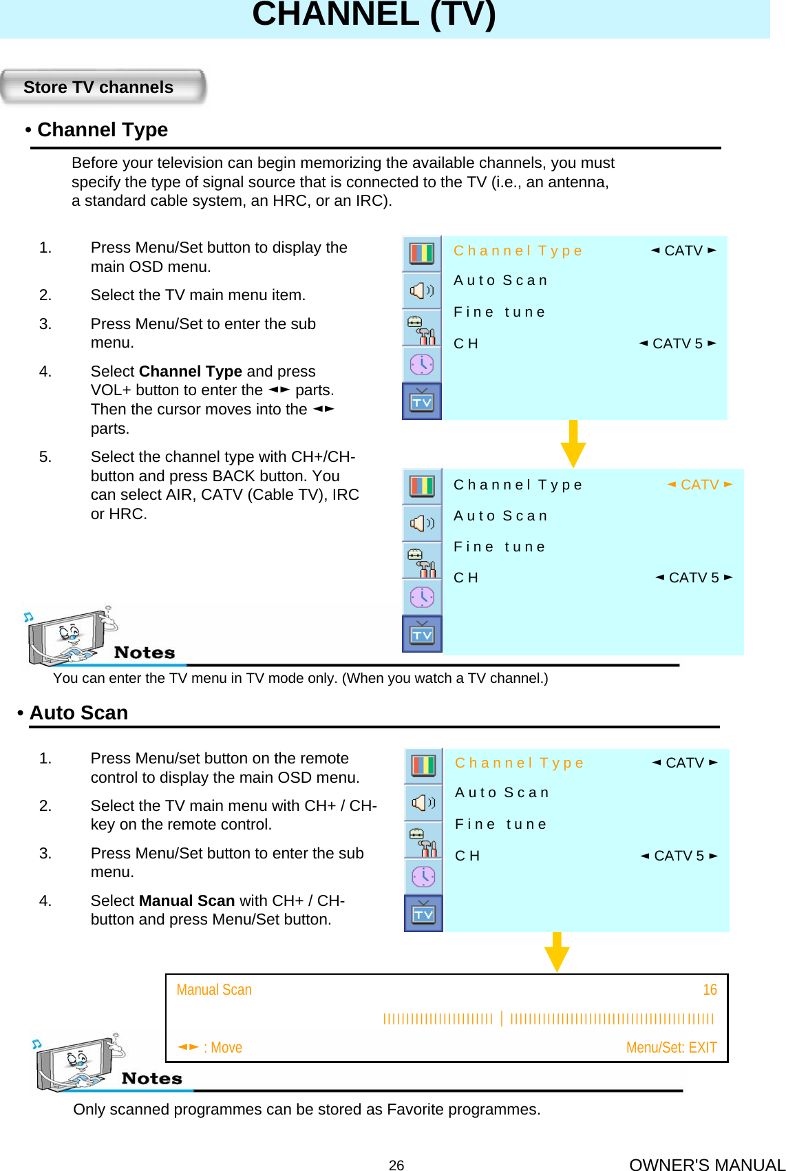 OWNER&apos;S MANUAL26CHANNEL (TV)You can enter the TV menu in TV mode only. (When you watch a TV channel.)Store TV channels•Channel TypeBefore your television can begin memorizing the available channels, you mustspecify the type of signal source that is connected to the TV (i.e., an antenna,a standard cable system, an HRC, or an IRC).◄CATV 5 ►C HF i n e   t u n eA u t o  S c a n◄CATV ►C h a n n e l  T y p e◄CATV 5 ►C HF i n e   t u n eA u t o  S c a n◄CATV ►C h a n n e l  T y p e1. Press Menu/Set button to display the main OSD menu.2. Select the TV main menu item.3. Press Menu/Set to enter the sub menu.4. Select Channel Type and press VOL+ button to enter the ◄► parts. Then the cursor moves into the ◄►parts.5. Select the channel type with CH+/CH-button and press BACK button. You can select AIR, CATV (Cable TV), IRC or HRC.•Auto ScanOnly scanned programmes can be stored as Favorite programmes.1. Press Menu/set button on the remote control to display the main OSD menu.2. Select the TV main menu with CH+ / CH-key on the remote control.3. Press Menu/Set button to enter the sub menu. 4. Select Manual Scan with CH+ / CH-button and press Menu/Set button. Menu/Set: EXIT◄► : MoveІІІІІІІІІІІІІІІІІІІІІІІІ│ІІІІІІІІІІІІІІІІІІІІІІІІІІІІІІІІІІІІІІІІІІІІ16Manual Scan                 ◄CATV 5 ►C HF i n e   t u n eA u t o  S c a n◄CATV ►C h a n n e l  T y p e