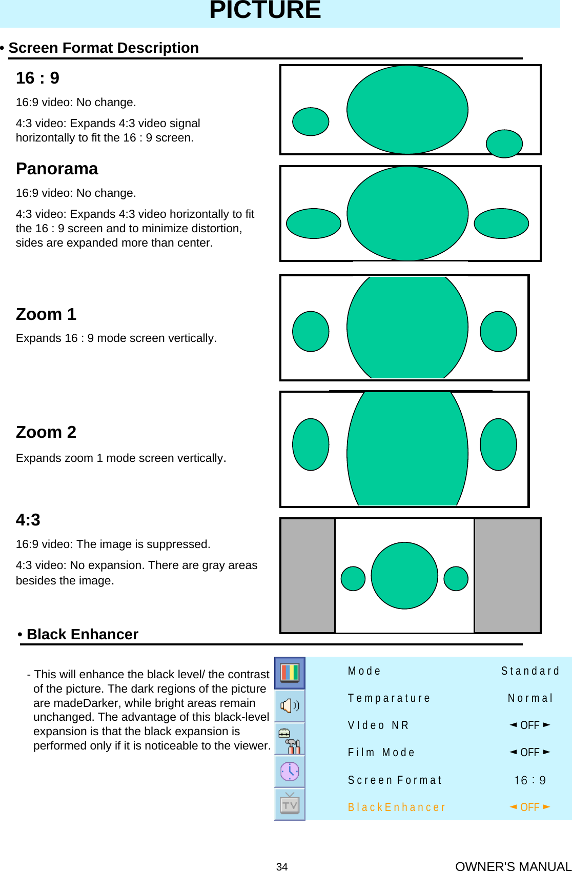 OWNER&apos;S MANUAL34•Screen Format DescriptionPICTURE16 : 916:9 video: No change.4:3 video: Expands 4:3 video signal horizontally to fit the 16 : 9 screen.Panorama16:9 video: No change.4:3 video: Expands 4:3 video horizontally to fit the 16 : 9 screen and to minimize distortion, sides are expanded more than center.Zoom 1Expands 16 : 9 mode screen vertically.Zoom 2Expands zoom 1 mode screen vertically.4:316:9 video: The image is suppressed.4:3 video: No expansion. There are gray areas besides the image.16 : 9 S c r e e n  F o r m a t◄OFF ►B l a c k E n h a n c e r◄OFF ►V I d e o   N R◄OFF ►F i l m   M o d eN o r m a lT e m p a r a t u r eS t a n d a r dM o d e•Black Enhancer- This will enhance the black level/ the contrastof the picture. The dark regions of the picture are madeDarker, while bright areas remainunchanged. The advantage of this black-levelexpansion is that the black expansion is performed only if it is noticeable to the viewer.