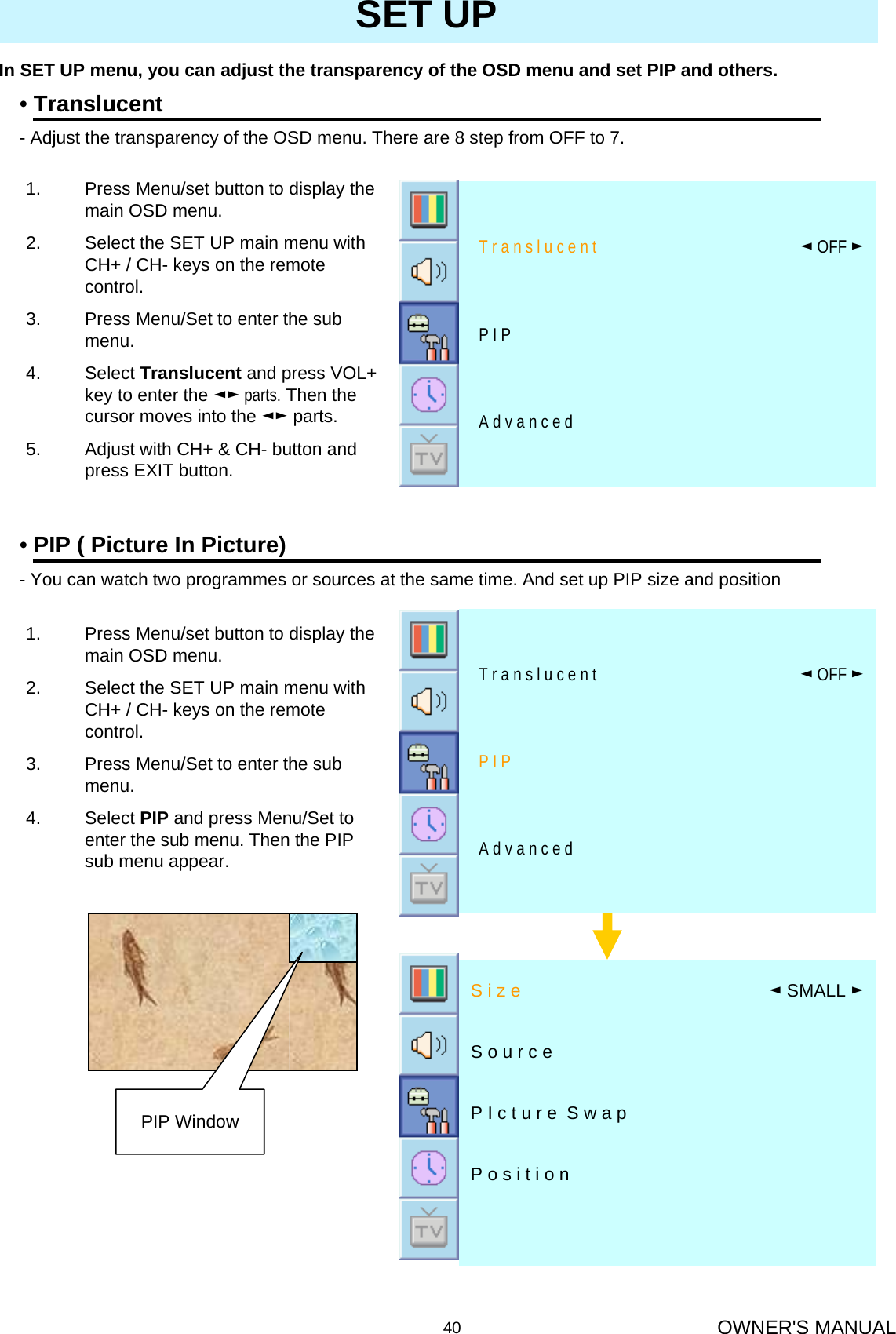 OWNER&apos;S MANUAL40In SET UP menu, you can adjust the transparency of the OSD menu and set PIP and others.SET UP•Translucent- Adjust the transparency of the OSD menu. There are 8 step from OFF to 7.A d v a n c e dP I P◄OFF ►T r a n s l u c e n t1. Press Menu/set button to display the main OSD menu.2. Select the SET UP main menu with CH+ / CH- keys on the remote control.3. Press Menu/Set to enter the sub menu.4. Select Translucent and press VOL+ key to enter the ◄► parts. Then the cursor moves into the ◄► parts. 5. Adjust with CH+ &amp; CH- button and press EXIT button.•PIP ( Picture In Picture)- You can watch two programmes or sources at the same time. And set up PIP size and position A d v a n c e dP I P◄OFF ►T r a n s l u c e n t1. Press Menu/set button to display the main OSD menu.2. Select the SET UP main menu with CH+ / CH- keys on the remote control.3. Press Menu/Set to enter the sub menu.4. Select PIP and press Menu/Set to enter the sub menu. Then the PIP sub menu appear.P o s i t i o n P I c t u r e  S w a pS o u r c e◄SMALL ►S i z ePIP Window