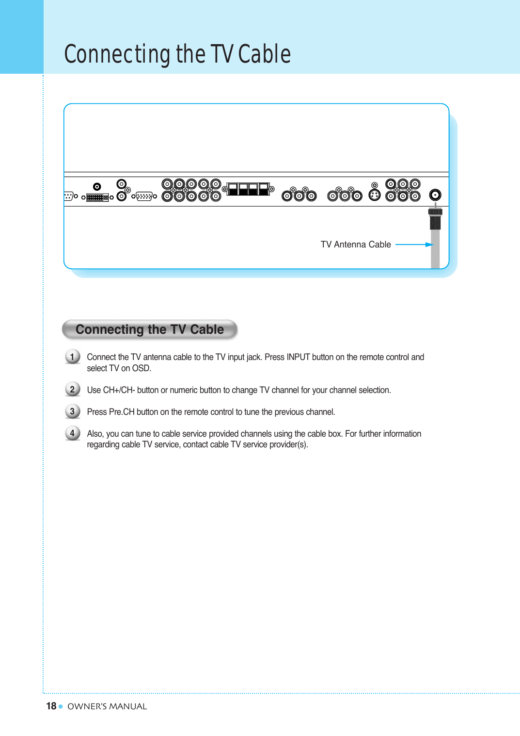 18Connecting the TV CableOWNER&apos;S MANUALConnecting the TV CableConnect the TV antenna cable to the TV input jack. Press INPUT button on the remote control and select TV on OSD.Use CH+/CH- button or numeric button to change TV channel for your channel selection. Press Pre.CH button on the remote control to tune the previous channel.Also, you can tune to cable service provided channels using the cable box. For further information regarding cable TV service, contact cable TV service provider(s).1234TV Antenna Cable
