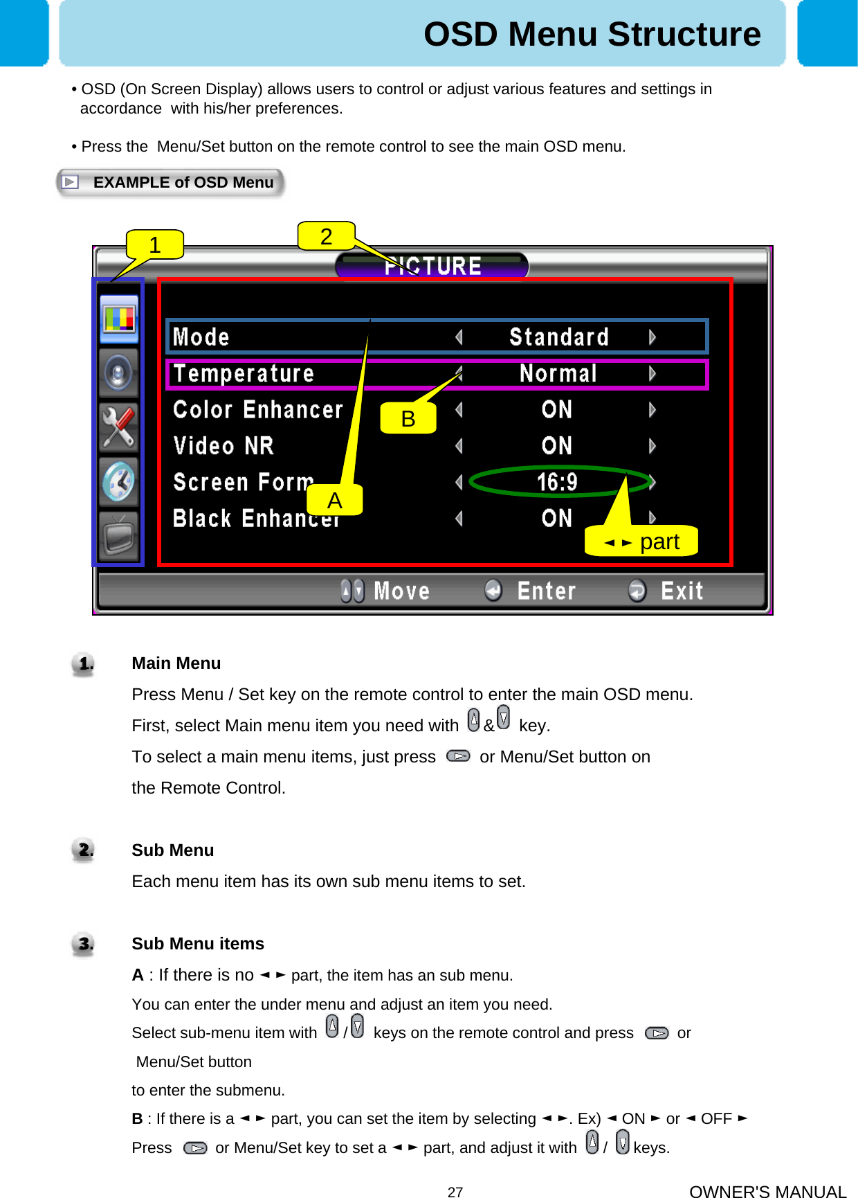 OWNER&apos;S MANUAL27• OSD (On Screen Display) allows users to control or adjust various features and settings in accordance  with his/her preferences. • Press the  Menu/Set button on the remote control to see the main OSD menu.EXAMPLE of OSD MenuOSD Menu Structure12BA◄►part1. Main MenuPress Menu / Set key on the remote control to enter the main OSD menu.First, select Main menu item you need with     &amp;     key.To select a main menu items, just press         or Menu/Set button on the Remote Control.2. Sub MenuEach menu item has its own sub menu items to set.3. Sub Menu itemsA: If there is no ◄►part, the item has an sub menu. You can enter the under menu and adjust an item you need.Select sub-menu item with      /      keys on the remote control and press  orMenu/Set button to enter the submenu.B: If there is a ◄►part, you can set the item by selecting ◄►. Ex) ◄ON ►or ◄OFF ►Press          or Menu/Set key to set a ◄►part, and adjust it with      /      keys.