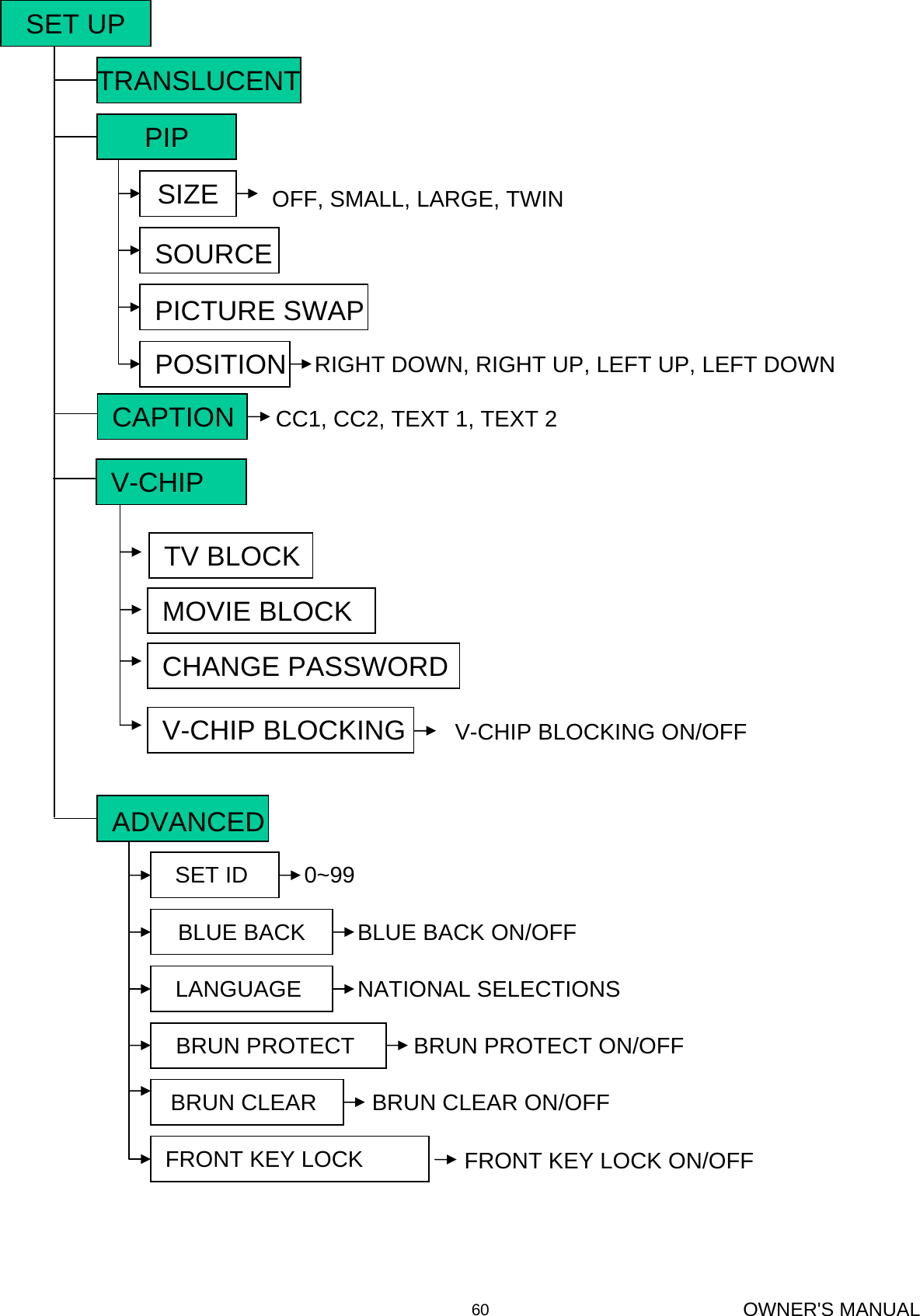 OWNER&apos;S MANUAL60BRUN PROTECT ON/OFF POSITIONCC1, CC2, TEXT 1, TEXT 2RIGHT DOWN, RIGHT UP, LEFT UP, LEFT DOWNTRANSLUCENTSET UPPIPSOURCESIZE OFF, SMALL, LARGE, TWINPICTURE SWAPCAPTIONFRONT KEY LOCK LANGUAGE BLUE BACKSET ID NATIONAL SELECTIONS BLUE BACK ON/OFFBRUN CLEAR BRUN PROTECT BRUN CLEAR ON/OFF 0~99ADVANCEDFRONT KEY LOCK ON/OFFV-CHIPTV BLOCKMOVIE BLOCKCHANGE PASSWORDV-CHIP BLOCKING V-CHIP BLOCKING ON/OFF