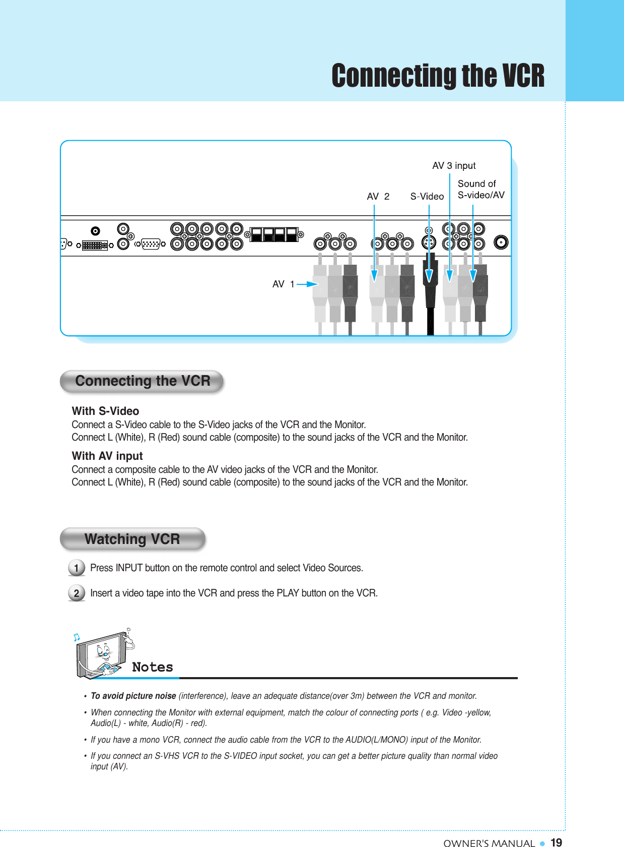 19OWNER&apos;S MANUALPress INPUT button on the remote control and select Video Sources.  Insert a video tape into the VCR and press the PLAY button on the VCR. With S-VideoConnect a S-Video cable to the S-Video jacks of the VCR and the Monitor.Connect L (White), R (Red) sound cable (composite) to the sound jacks of the VCR and the Monitor.With AV inputConnect a composite cable to the AV video jacks of the VCR and the Monitor.Connect L (White), R (Red) sound cable (composite) to the sound jacks of the VCR and the Monitor.Connecting the VCR12Watching VCR•To avoid picture noise (interference), leave an adequate distance(over 3m) between the VCR and monitor.•  When connecting the Monitor with external equipment, match the colour of connecting ports ( e.g. Video -yellow, Audio(L) - white, Audio(R) - red).•If you have a mono VCR, connect the audio cable from the VCR to the AUDIO(L/MONO) input of the Monitor.•  If you connect an S-VHS VCR to the S-VIDEO input socket, you can get a better picture quality than normal video input (AV).Connecting the VCR