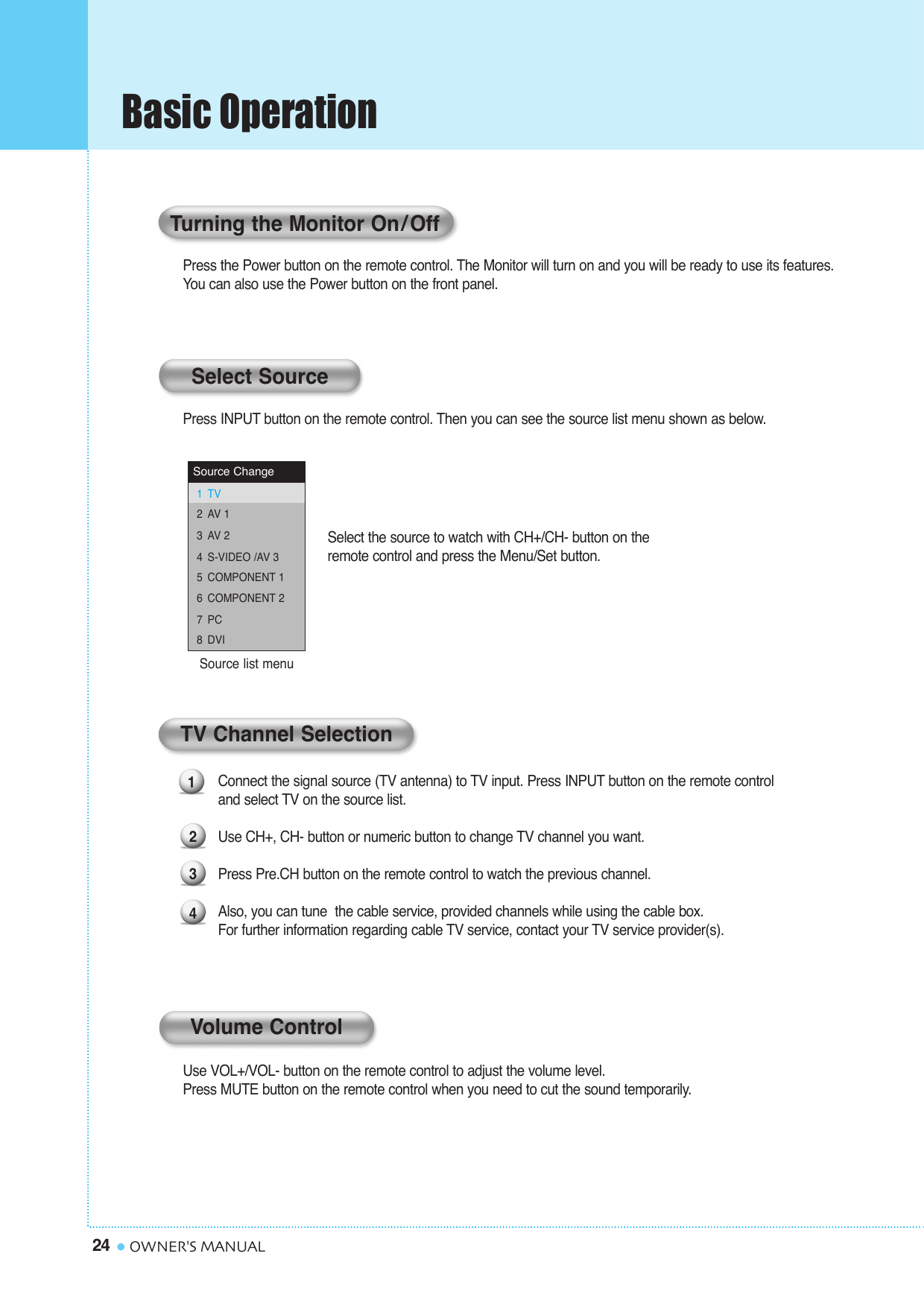 Basic Operation24 OWNER&apos;S MANUALPress the Power button on the remote control. The Monitor will turn on and you will be ready to use its features. You can also use the Power button on the front panel.Press INPUT button on the remote control. Then you can see the source list menu shown as below.Connect the signal source (TV antenna) to TV input. Press INPUT button on the remote control and select TV on the source list.Use CH+, CH- button or numeric button to change TV channel you want. Press Pre.CH button on the remote control to watch the previous channel. Also, you can tune  the cable service, provided channels while using the cable box. For further information regarding cable TV service, contact your TV service provider(s).Use VOL+/VOL- button on the remote control to adjust the volume level.Press MUTE button on the remote control when you need to cut the sound temporarily.1234Select the source to watch with CH+/CH- button on theremote control and press the Menu/Set button.Source list menu Source ChangeTVAV 1AV 2S-VIDEO /AV 3COMPONENT 1COMPONENT 2PCDVI12345678Turning the Monitor On / OffSelect SourceVolume ControlTV Channel Selection