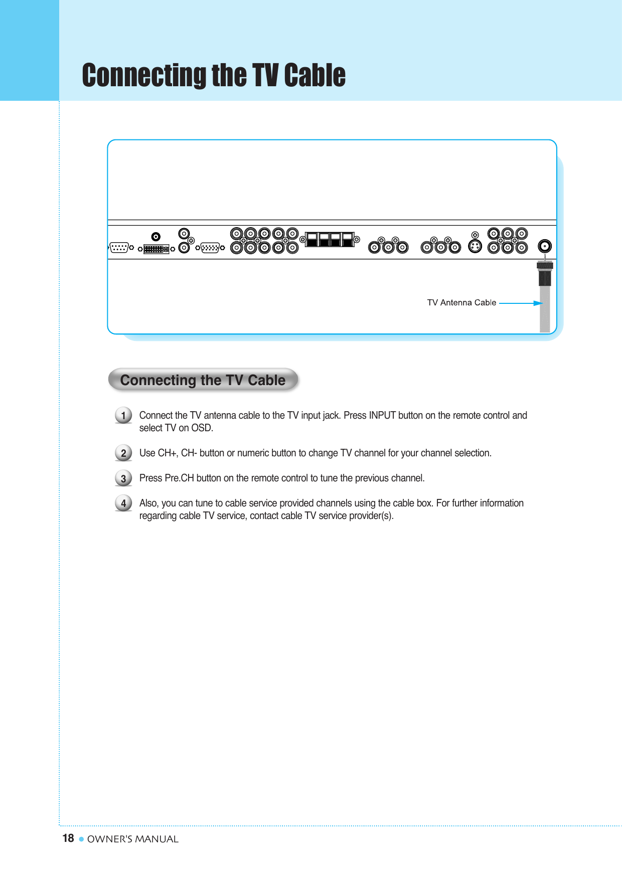 Connecting the TV Cable18 OWNER&apos;S MANUAL1234Connecting the TV CableConnect the TV antenna cable to the TV input jack. Press INPUT button on the remote control and select TV on OSD.Use CH+, CH- button or numeric button to change TV channel for your channel selection. Press Pre.CH button on the remote control to tune the previous channel.Also, you can tune to cable service provided channels using the cable box. For further information regarding cable TV service, contact cable TV service provider(s).