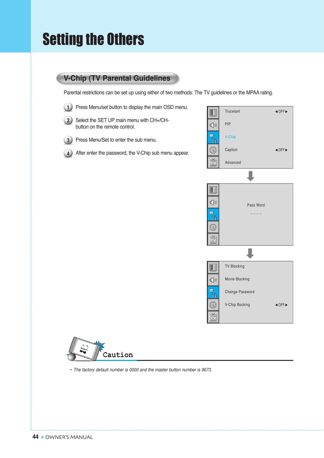 Setting the Others44 OWNER&apos;S MANUALParental restrictions can be set up using either of two methods: The TV guidelines or the MPAA rating.Press Menu/set button to display the main OSD menu.Select the SET UP main menu with CH+/CH- button on the remote control.Press Menu/Set to enter the sub menu.After enter the password, the V-Chip sub menu appear.1234•The factory default number is 0000 and the master button number is 9673.TrucelantPIPV-ChipCaptionAdvanced¥OFF ¥OFF TV BlockingMovie BlockingChange PasswordV-Chip Bocking¥OFF Pass Word____V-Chip (TV Parental Guidelines
