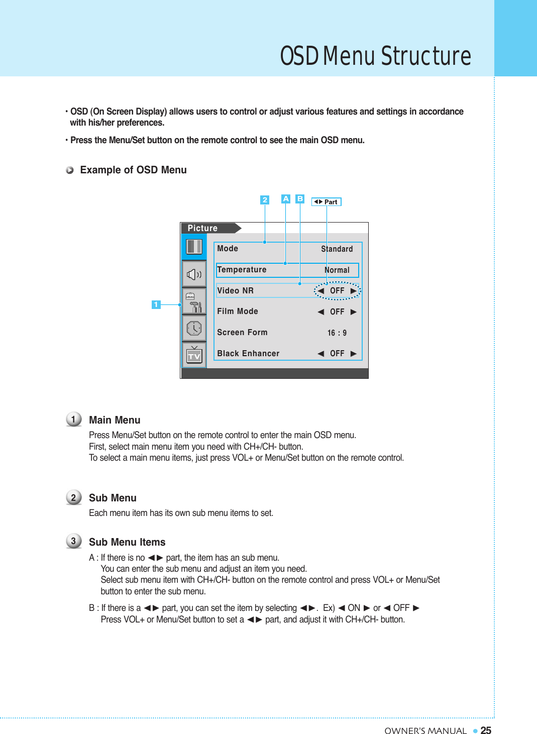 OSD Menu Structure25OWNER&apos;S MANUAL• OSD (On Screen Display) allows users to control or adjust various features and settings in accordance with his/her preferences.• Press the Menu/Set button on the remote control to see the main OSD menu.Example of OSD MenuMain MenuPress Menu/Set button on the remote control to enter the main OSD menu.First, select main menu item you need with CH+/CH- button.To  select a main menu items, just press VOL+ or Menu/Set button on the remote control.Sub MenuEach menu item has its own sub menu items to set.Sub Menu ItemsA: If there is no ¥part, the item has an sub menu.You can enter the sub menu and adjust an item you need.Select sub menu item with CH+/CH- button on the remote control and press VOL+ or Menu/Set button to enter the sub menu.B : If there is a ¥part, you can set the item by selecting ¥.  Ex) ¥ON or ¥OFF Press VOL+ or Menu/Set button to set a ¥part, and adjust it with CH+/CH- button.123PictureModeTemperatureVideo NRFilm ModeScreen FormBlack Enhancer             StandardNormal¥¥OFF  ¥¥OFF  16 : 9¥¥OFF  