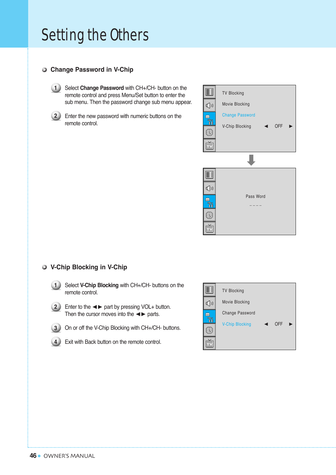 46Setting the OthersOWNER&apos;S MANUALChange Password in V-ChipSelect Change Password with CH+/CH- button on the remote control and press Menu/Set button to enter thesub menu. Then the password change sub menu appear.Enter the new password with numeric buttons on the remote control.V-Chip Blocking in V-ChipSelect V-Chip Blocking with CH+/CH- buttons on the remote control.Enter to the ¥ part by pressing VOL+ button. Then the cursor moves into the ¥ parts.On or off the V-Chip Blocking with CH+/CH- buttons. Exit with Back button on the remote control. 121234TV BlockingMovie BlockingChange PasswordV-Chip Blocking¥OFF     TV BlockingMovie BlockingChange PasswordV-Chip Blocking¥OFF     Pass Word____