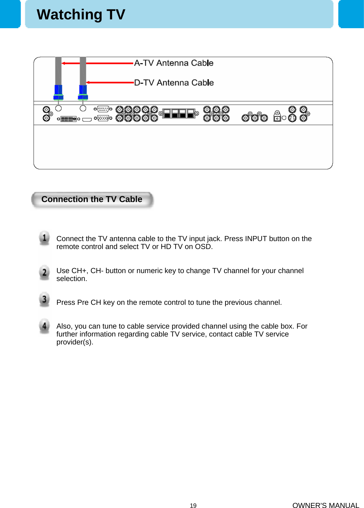 OWNER&apos;S MANUAL19Connection the TV CableWatching TVConnect the TV antenna cable to the TV input jack. Press INPUT button on the remote control and select TV or HD TV on OSD.Use CH+, CH- button or numeric key to change TV channel for your channel selection.Press Pre CH key on the remote control to tune the previous channel.Also, you can tune to cable service provided channel using the cable box. For further information regarding cable TV service, contact cable TV service provider(s).