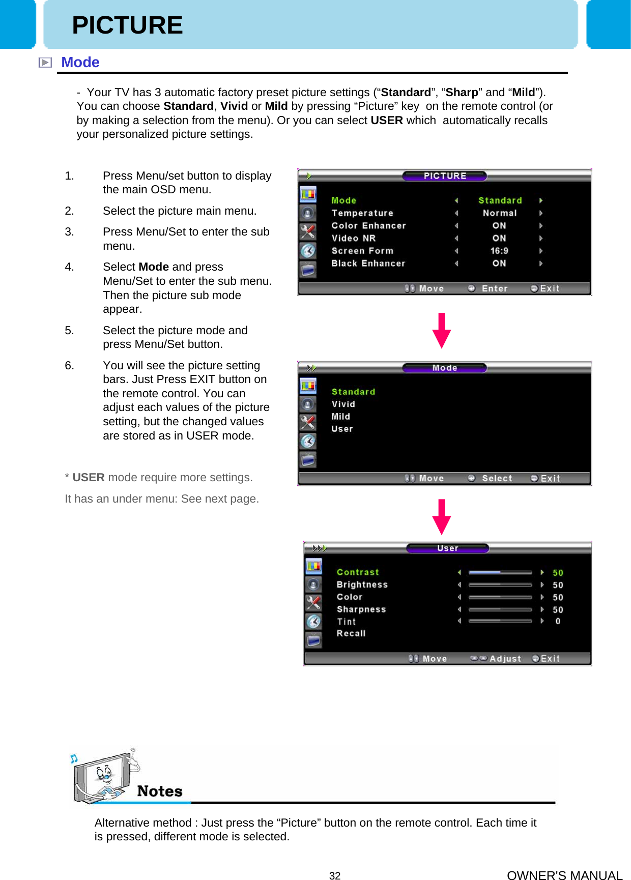 OWNER&apos;S MANUAL32ModeAlternative method : Just press the “Picture” button on the remote control. Each time it is pressed, different mode is selected.- Your TV has 3 automatic factory preset picture settings (“Standard”, “Sharp” and “Mild”).   You can choose Standard, Vivid or Mild by pressing “Picture” key  on the remote control (or by making a selection from the menu). Or you can select USER which  automatically recalls your personalized picture settings.1. Press Menu/set button to display the main OSD menu.2. Select the picture main menu.3. Press Menu/Set to enter the sub menu.4. Select Mode and press Menu/Set to enter the sub menu. Then the picture sub mode appear.5. Select the picture mode and press Menu/Set button.6. You will see the picture setting bars. Just Press EXIT button on the remote control. You can adjust each values of the picture setting, but the changed values are stored as in USER mode.* USER mode require more settings.It has an under menu: See next page.PICTURE