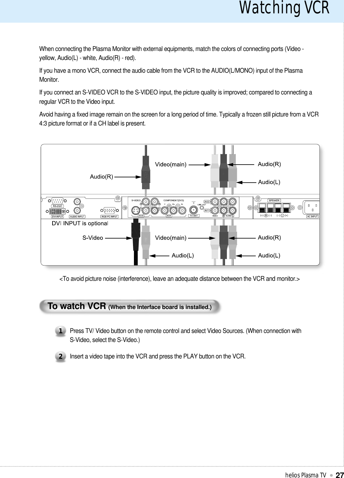 Watching VCRhelios Plasma TV27To watch VCR (When the Interface board is installed.)Press TV/ Video button on the remote control and select Video Sources. (When connection with S-Video, select the S-Video.)1Insert a video tape into the VCR and press the PLAY button on the VCR. 2When connecting the Plasma Monitor with external equipments, match the colors of connecting ports (Video -yellow, Audio(L) - white, Audio(R) - red).If you have a mono VCR, connect the audio cable from the VCR to the AUDIO(L/MONO) input of the PlasmaMonitor.If you connect an S-VIDEO VCR to the S-VIDEO input, the picture quality is improved; compared to connecting aregular VCR to the Video input.Avoid having a fixed image remain on the screen for a long period of time. Typically a frozen still picture from a VCR4:3 picture format or if a CH label is present.&lt;To avoid picture noise (interference), leave an adequate distance between the VCR and monitor.&gt;