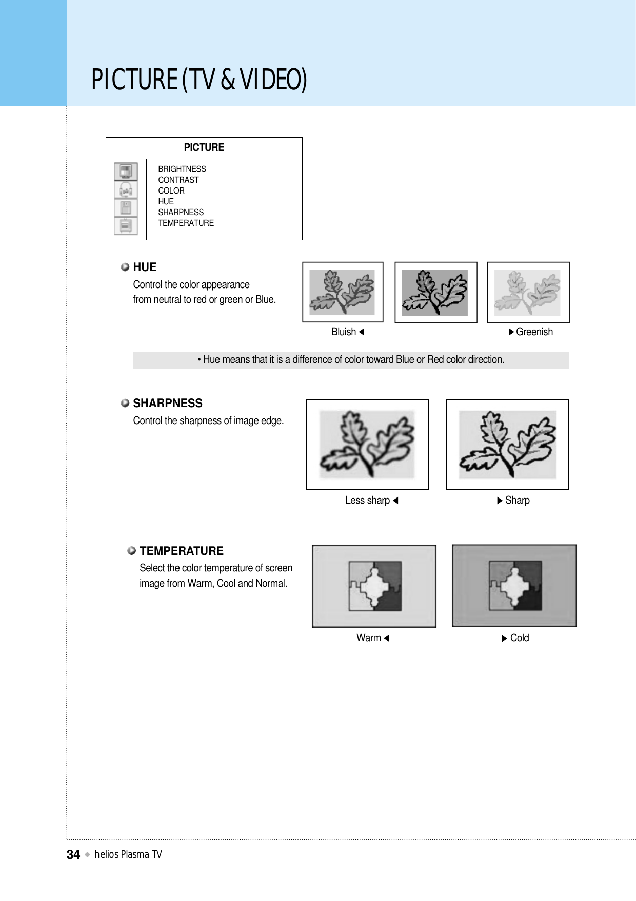 PICTURE (TV &amp; VIDEO)helios Plasma TV34PICTUREBRIGHTNESSCONTRASTCOLORHUESHARPNESSTEMPERATUREBluish Greenish• Hue means that it is a difference of color toward Blue or Red color direction.Less sharp SharpWarm ColdControl the color appearance from neutral to red or green or Blue.HUEControl the sharpness of image edge.SHARPNESSSelect the color temperature of screenimage from Warm, Cool and Normal.TEMPERATURE