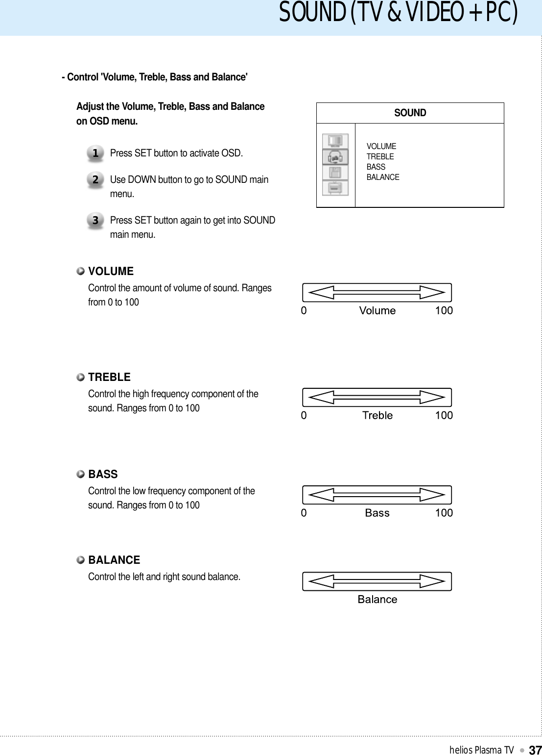 SOUND (TV &amp; VIDEO + PC)helios Plasma TV37- Control &apos;Volume, Treble, Bass and Balance&apos;SOUNDVOLUMETREBLEBASSBALANCEAdjust the Volume, Treble, Bass and Balanceon OSD menu.Press SET button to activate OSD.1Use DOWN button to go to SOUND mainmenu.2Press SET button again to get into SOUNDmain menu.3Control the amount of volume of sound. Rangesfrom 0 to 100VOLUMEControl the high frequency component of thesound. Ranges from 0 to 100TREBLEControl the low frequency component of thesound. Ranges from 0 to 100BASSControl the left and right sound balance. BALANCE