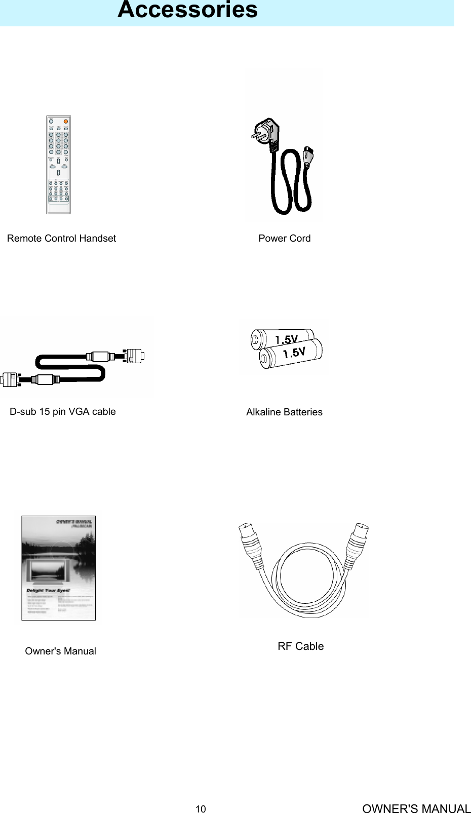 OWNER&apos;S MANUAL10Remote Control Handset                                           Power CordAccessoriesOwner&apos;s ManualAlkaline BatteriesD-sub 15 pin VGA cableRF Cable