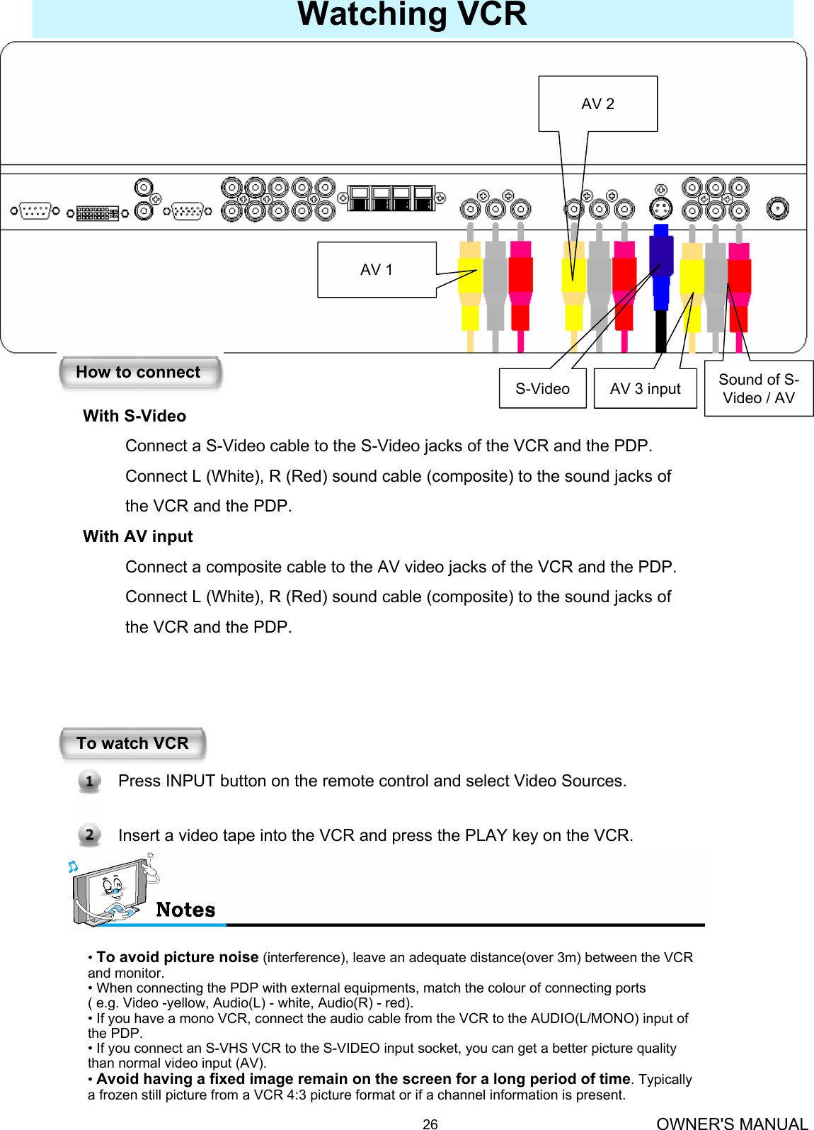 OWNER&apos;S MANUAL26Watching VCR•To avoid picture noise (interference), leave an adequate distance(over 3m) between the VCR and monitor.• When connecting the PDP with external equipments, match the colour of connecting ports ( e.g. Video -yellow, Audio(L) - white, Audio(R) - red).• If you have a mono VCR, connect the audio cable from the VCR to the AUDIO(L/MONO) input of the PDP.• If you connect an S-VHS VCR to the S-VIDEO input socket, you can get a better picture quality than normal video input (AV).•Avoid having a fixed image remain on the screen for a long period of time. Typically a frozen still picture from a VCR 4:3 picture format or if a channel information is present.To watch VCRPress INPUT button on the remote control and select Video Sources. Insert a video tape into the VCR and press the PLAY key on the VCR. S-Video AV 3 input Sound of S-Video / AVHow to connectWith S-VideoConnect a S-Video cable to the S-Video jacks of the VCR and the PDP.Connect L (White), R (Red) sound cable (composite) to the sound jacks of the VCR and the PDP.With AV inputConnect a composite cable to the AV video jacks of the VCR and the PDP.Connect L (White), R (Red) sound cable (composite) to the sound jacks of the VCR and the PDP.AV 2AV 1