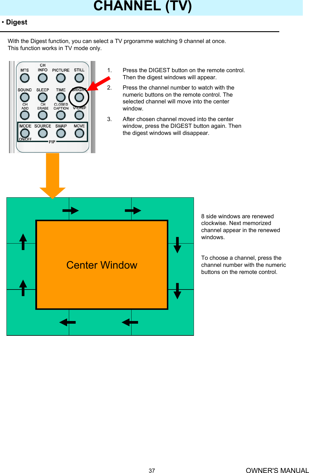 OWNER&apos;S MANUAL37CHANNEL (TV)•DigestWith the Digest function, you can select a TV prgoramme watching 9 channel at once. This function works in TV mode only.1. Press the DIGEST button on the remote control. Then the digest windows will appear.2. Press the channel number to watch with the numeric buttons on the remote control. The selected channel will move into the center window.3. After chosen channel moved into the center window, press the DIGEST button again. Then the digest windows will disappear.8 side windows are renewed clockwise. Next memorized channel appear in the renewed windows.To choose a channel, press the channel number with the numeric buttons on the remote control.Center Window