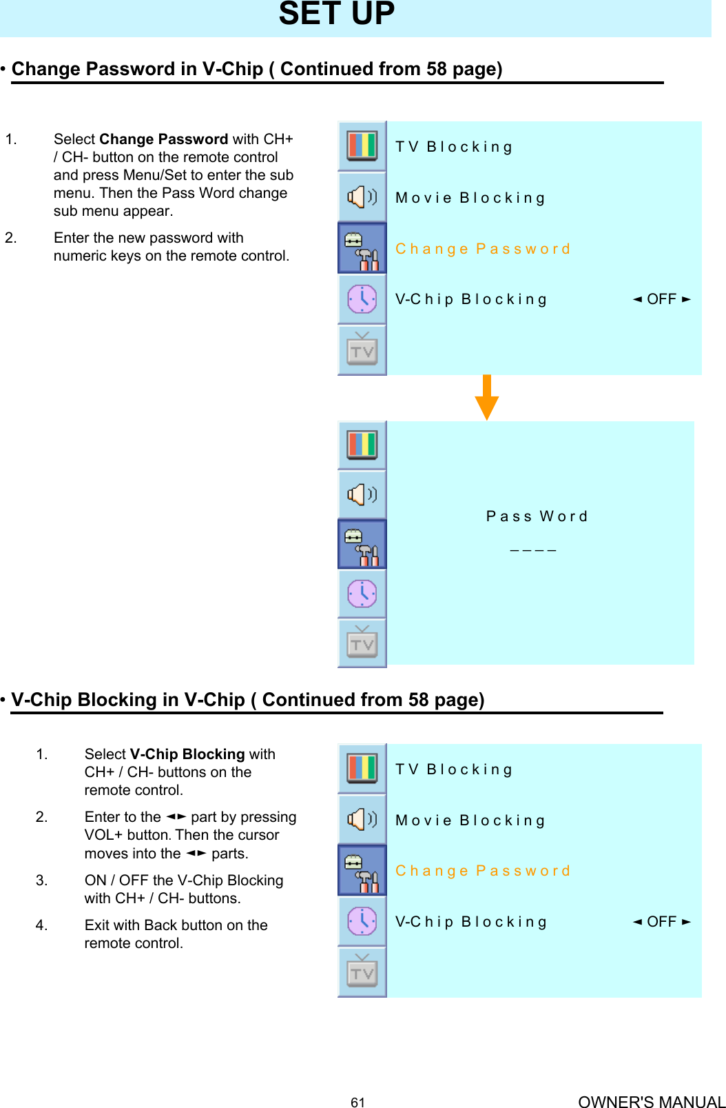 OWNER&apos;S MANUAL61SET UP1. Select Change Password with CH+ / CH- button on the remote control and press Menu/Set to enter the sub menu. Then the Pass Word change sub menu appear.2. Enter the new password with numeric keys on the remote control.◄OFF ►V-C h i p  B l o c k i n gC h a n g e  P a s s w o r dM o v i e  B l o c k i n gT V  B l o c k i n g•Change Password in V-Chip ( Continued from 58 page) P a s s  W o r d_ _ _ _•V-Chip Blocking in V-Chip ( Continued from 58 page) ◄OFF ►V-C h i p  B l o c k i n gC h a n g e  P a s s w o r dM o v i e  B l o c k i n gT V  B l o c k i n g1. Select V-Chip Blocking with CH+ / CH- buttons on the remote control.2. Enter to the ◄► part by pressing VOL+ button. Then the cursor moves into the ◄► parts.3. ON / OFF the V-Chip Blocking with CH+ / CH- buttons.4. Exit with Back button on the remote control.