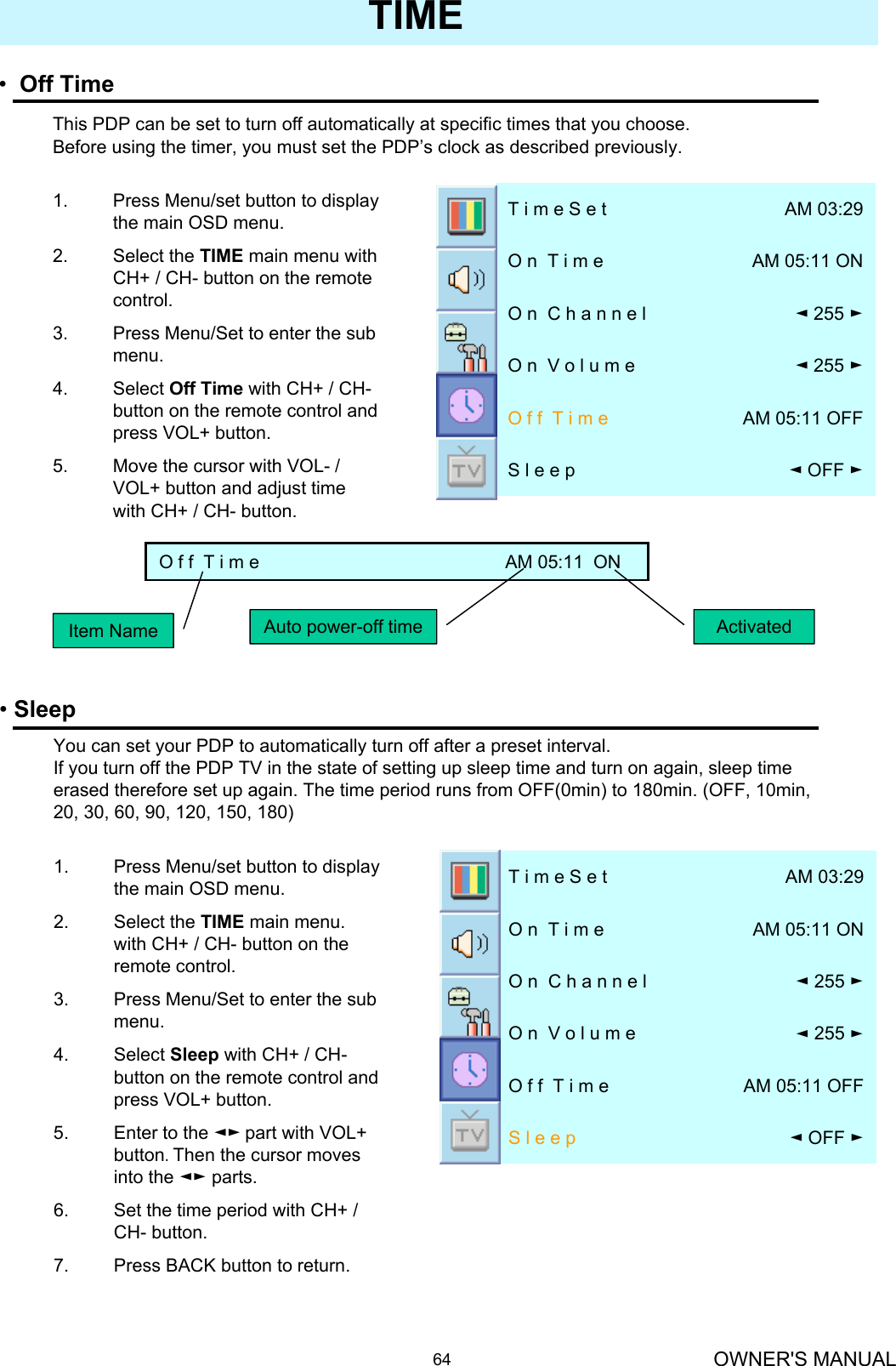 OWNER&apos;S MANUAL64TIME•Off Time◄OFF ►S l e e pAM 05:11 OFFO f f  T i m e◄255 ►O n  V o l u m e◄255 ►O n  C h a n n e lAM 05:11 ONO n  T i m eAM 03:29T i m e S e t1. Press Menu/set button to display the main OSD menu.2. Select the TIME main menu with CH+ / CH- button on the remote control.3. Press Menu/Set to enter the sub menu.4. Select Off Time with CH+ / CH-button on the remote control and press VOL+ button. 5. Move the cursor with VOL- / VOL+ button and adjust time with CH+ / CH- button.This PDP can be set to turn off automatically at specific times that you choose. Before using the timer, you must set the PDP’s clock as described previously.O f f  T i m e                                                 AM 05:11  ONItem Name Auto power-off time Activated•Sleep◄OFF ►S l e e pAM 05:11 OFFO f f  T i m e◄255 ►O n  V o l u m e◄255 ►O n  C h a n n e lAM 05:11 ONO n  T i m eAM 03:29T i m e S e tYou can set your PDP to automatically turn off after a preset interval.If you turn off the PDP TV in the state of setting up sleep time and turn on again, sleep time erased therefore set up again. The time period runs from OFF(0min) to 180min. (OFF, 10min, 20, 30, 60, 90, 120, 150, 180)1. Press Menu/set button to display the main OSD menu.2. Select the TIME main menu. with CH+ / CH- button on the remote control.3. Press Menu/Set to enter the sub menu.4. Select Sleep with CH+ / CH-button on the remote control and press VOL+ button. 5. Enter to the ◄► part with VOL+ button. Then the cursor moves into the ◄► parts.6. Set the time period with CH+ / CH- button.7. Press BACK button to return.