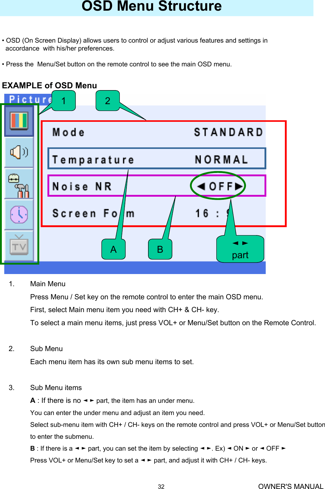 OWNER&apos;S MANUAL32• OSD (On Screen Display) allows users to control or adjust various features and settings in accordance  with his/her preferences. • Press the  Menu/Set button on the remote control to see the main OSD menu.OSD Menu StructureEXAMPLE of OSD Menu1 2B1. Main MenuPress Menu / Set key on the remote control to enter the main OSD menu.First, select Main menu item you need with CH+ &amp; CH- key.To select a main menu items, just press VOL+ or Menu/Set button on the Remote Control.2. Sub MenuEach menu item has its own sub menu items to set.3. Sub Menu itemsA: If there is no ◄►part, the item has an under menu. You can enter the under menu and adjust an item you need.Select sub-menu item with CH+ / CH- keys on the remote control and press VOL+ or Menu/Set button to enter the submenu.B: If there is a ◄►part, you can set the item by selecting ◄►. Ex) ◄ON ►or ◄OFF ►Press VOL+ or Menu/Set key to set a ◄►part, and adjust it with CH+ / CH- keys.A◄►part