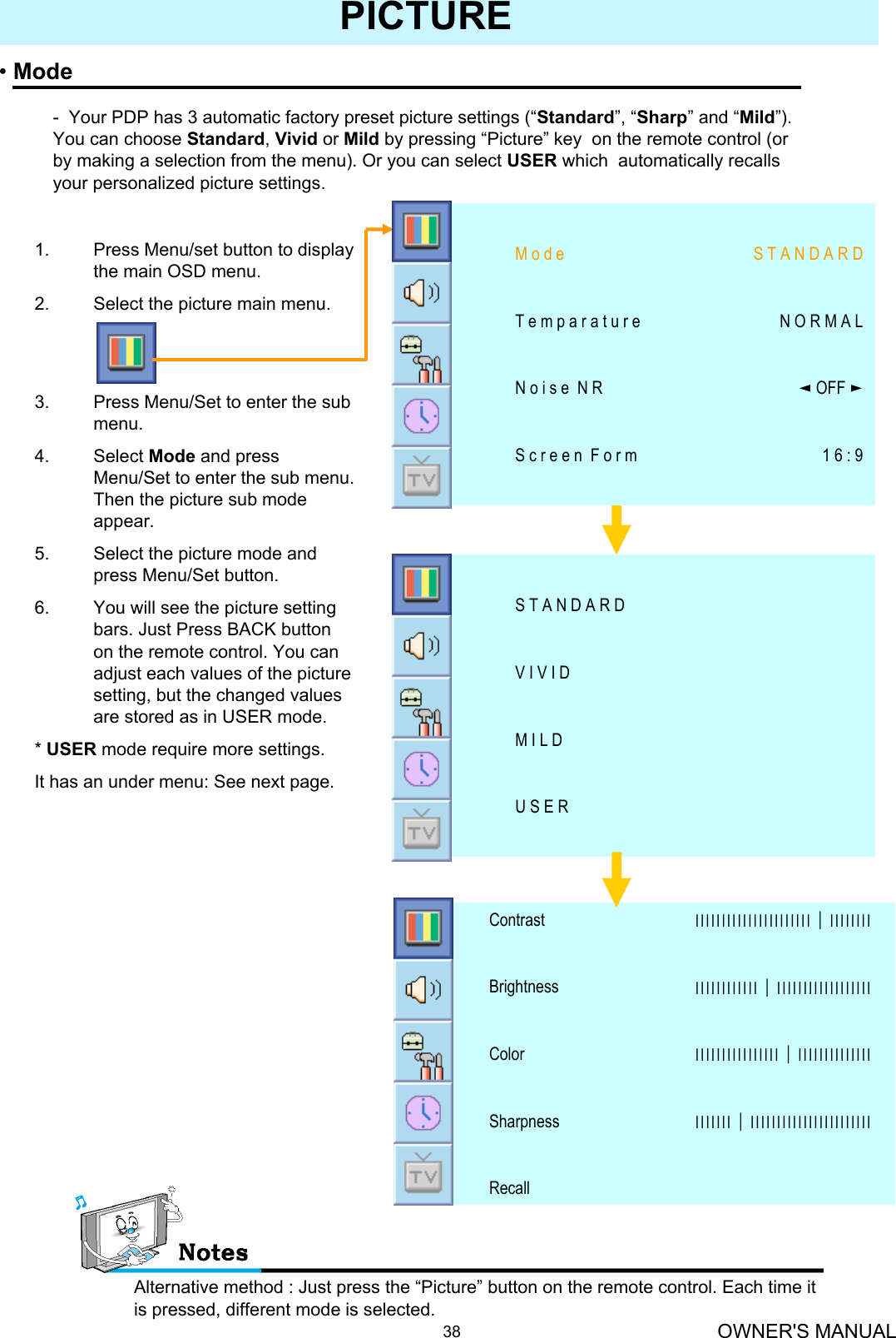 OWNER&apos;S MANUAL38PICTURE•ModeAlternative method : Just press the “Picture” button on the remote control. Each time it is pressed, different mode is selected.- Your PDP has 3 automatic factory preset picture settings (“Standard”, “Sharp” and “Mild”).   You can choose Standard, Vivid or Mild by pressing “Picture” key  on the remote control (or by making a selection from the menu). Or you can select USER which  automatically recalls your personalized picture settings.1. Press Menu/set button to display the main OSD menu.2. Select the picture main menu.3. Press Menu/Set to enter the sub menu.4. Select Mode and press Menu/Set to enter the sub menu. Then the picture sub mode appear.5. Select the picture mode and press Menu/Set button.6. You will see the picture setting bars. Just Press BACK button on the remote control. You can adjust each values of the picture setting, but the changed values are stored as in USER mode.* USER mode require more settings.It has an under menu: See next page.1 6 : 9S c r e e n  F o r m◄OFF ►N o i s e  N RN O R M A LT e m p a r a t u r eS T A N D A R DM o d eU S E RM I L DV I V I DS T A N D A R DRecallІІІІІІІ│ІІІІІІІІІІІІІІІІІІІІІІІSharpnessІІІІІІІІІІІІІІІІ│ІІІІІІІІІІІІІІColorІІІІІІІІІІІІ│ІІІІІІІІІІІІІІІІІІBrightnessІІІІІІІІІІІІІІІІІІІІІІ│ІІІІІІІІContrast
