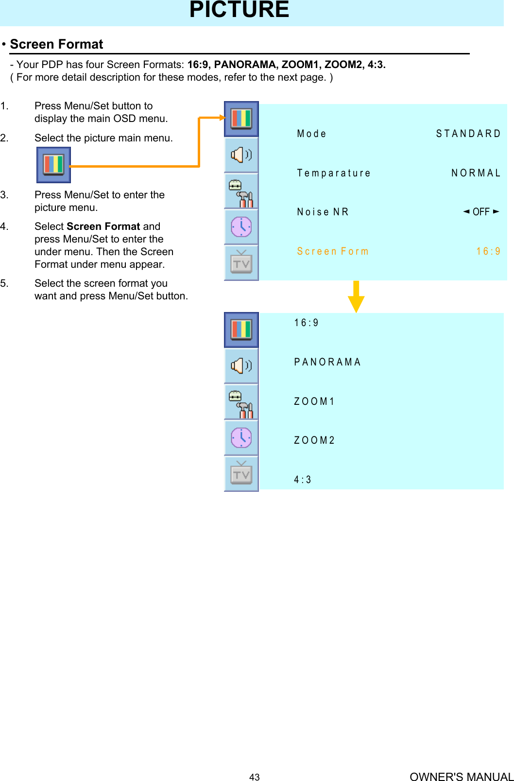 OWNER&apos;S MANUAL43•Screen Format- Your PDP has four Screen Formats: 16:9, PANORAMA, ZOOM1, ZOOM2, 4:3.( For more detail description for these modes, refer to the next page. )PICTURE1. Press Menu/Set button to display the main OSD menu.2. Select the picture main menu.3. Press Menu/Set to enter the picture menu.4. Select Screen Format and press Menu/Set to enter the under menu. Then the Screen Format under menu appear.5. Select the screen format you want and press Menu/Set button.1 6 : 9S c r e e n  F o r m◄OFF ►N o i s e  N RN O R M A LT e m p a r a t u r eS T A N D A R DM o d e4 : 3Z O O M 2Z O O M 1P A N O R A M A1 6 : 9