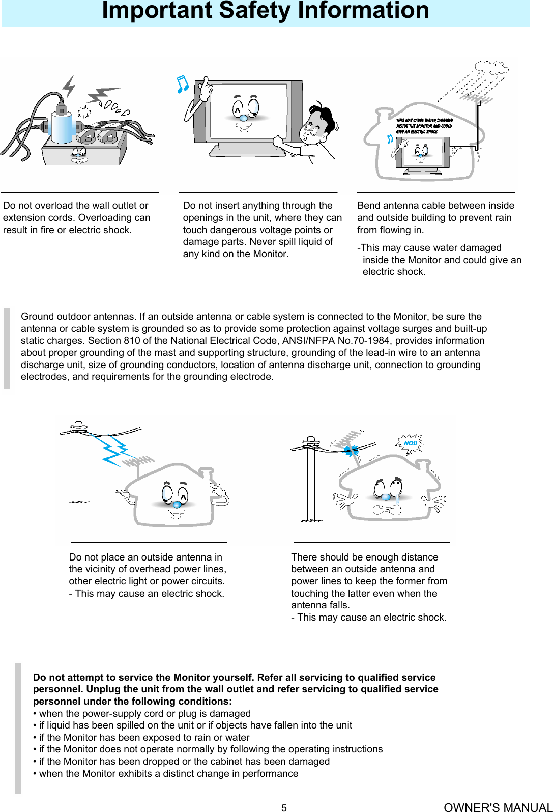 OWNER&apos;S MANUAL5Important Safety InformationDo not overload the wall outlet orextension cords. Overloading canresult in fire or electric shock.Do not insert anything through the openings in the unit, where they can touch dangerous voltage points or damage parts. Never spill liquid of any kind on the Monitor.Bend antenna cable between inside and outside building to prevent rain from flowing in.-This may cause water damagedinside the Monitor and could give an   electric shock.Ground outdoor antennas. If an outside antenna or cable system is connected to the Monitor, be sure theantenna or cable system is grounded so as to provide some protection against voltage surges and built-upstatic charges. Section 810 of the National Electrical Code, ANSI/NFPA No.70-1984, provides informationabout proper grounding of the mast and supporting structure, grounding of the lead-in wire to an antennadischarge unit, size of grounding conductors, location of antenna discharge unit, connection to groundingelectrodes, and requirements for the grounding electrode.Do not place an outside antenna inthe vicinity of overhead power lines,other electric light or power circuits.- This may cause an electric shock.There should be enough distancebetween an outside antenna andpower lines to keep the former fromtouching the latter even when theantenna falls.- This may cause an electric shock.Do not attempt to service the Monitor yourself. Refer all servicing to qualified servicepersonnel. Unplug the unit from the wall outlet and refer servicing to qualified servicepersonnel under the following conditions:• when the power-supply cord or plug is damaged• if liquid has been spilled on the unit or if objects have fallen into the unit• if the Monitor has been exposed to rain or water• if the Monitor does not operate normally by following the operating instructions• if the Monitor has been dropped or the cabinet has been damaged• when the Monitor exhibits a distinct change in performance