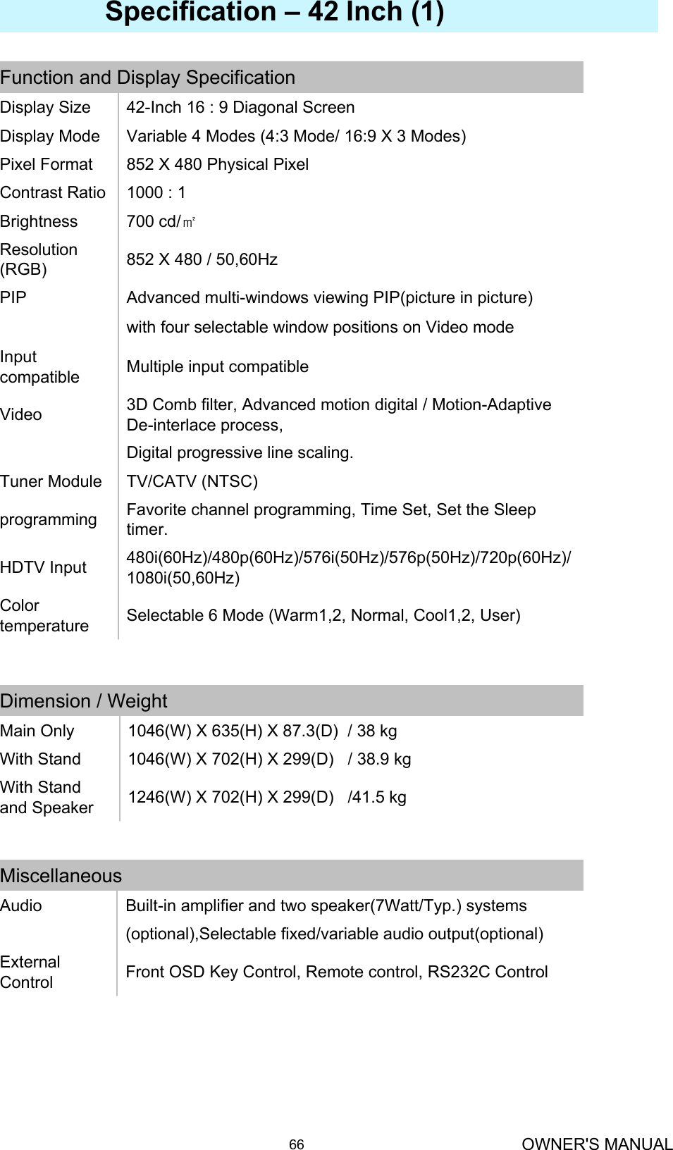 OWNER&apos;S MANUAL66Selectable 6 Mode (Warm1,2, Normal, Cool1,2, User)Color temperature 480i(60Hz)/480p(60Hz)/576i(50Hz)/576p(50Hz)/720p(60Hz)/1080i(50,60Hz) HDTV InputFavorite channel programming, Time Set, Set the Sleep timer.programmingTV/CATV (NTSC)Tuner ModuleDigital progressive line scaling.3D Comb filter, Advanced motion digital / Motion-Adaptive De-interlace process,VideoMultiple input compatibleInput compatiblewith four selectable window positions on Video modeAdvanced multi-windows viewing PIP(picture in picture) PIP852 X 480 / 50,60Hz Resolution (RGB)700 cd/㎡Brightness1000 : 1Contrast Ratio852 X 480 Physical PixelPixel FormatVariable 4 Modes (4:3 Mode/ 16:9 X 3 Modes)Display Mode42-Inch 16 : 9 Diagonal ScreenDisplay SizeFunction and Display Specification1246(W) X 702(H) X 299(D)   /41.5 kgWith Stand and Speaker1046(W) X 702(H) X 299(D)   / 38.9 kgWith Stand1046(W) X 635(H) X 87.3(D)  / 38 kgMain OnlyDimension / WeightSpecification – 42 Inch (1)Front OSD Key Control, Remote control, RS232C ControlExternal Control(optional),Selectable fixed/variable audio output(optional)Built-in amplifier and two speaker(7Watt/Typ.) systemsAudioMiscellaneous 